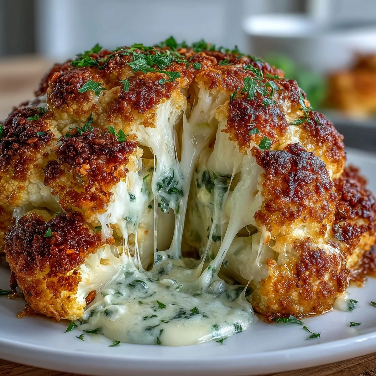 Detailed view of Cheesy Stuffed Cauliflower Head garnished with fresh chives, featuring a golden, crunchy topping and tender cauliflower florets.  