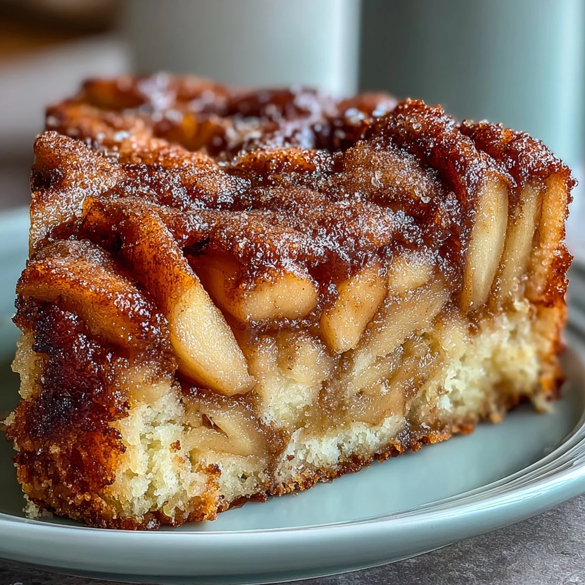 A warm Baked Apple Cake is cut into squares, revealing tender, spiced apple slices nestled in a soft, golden crumb.