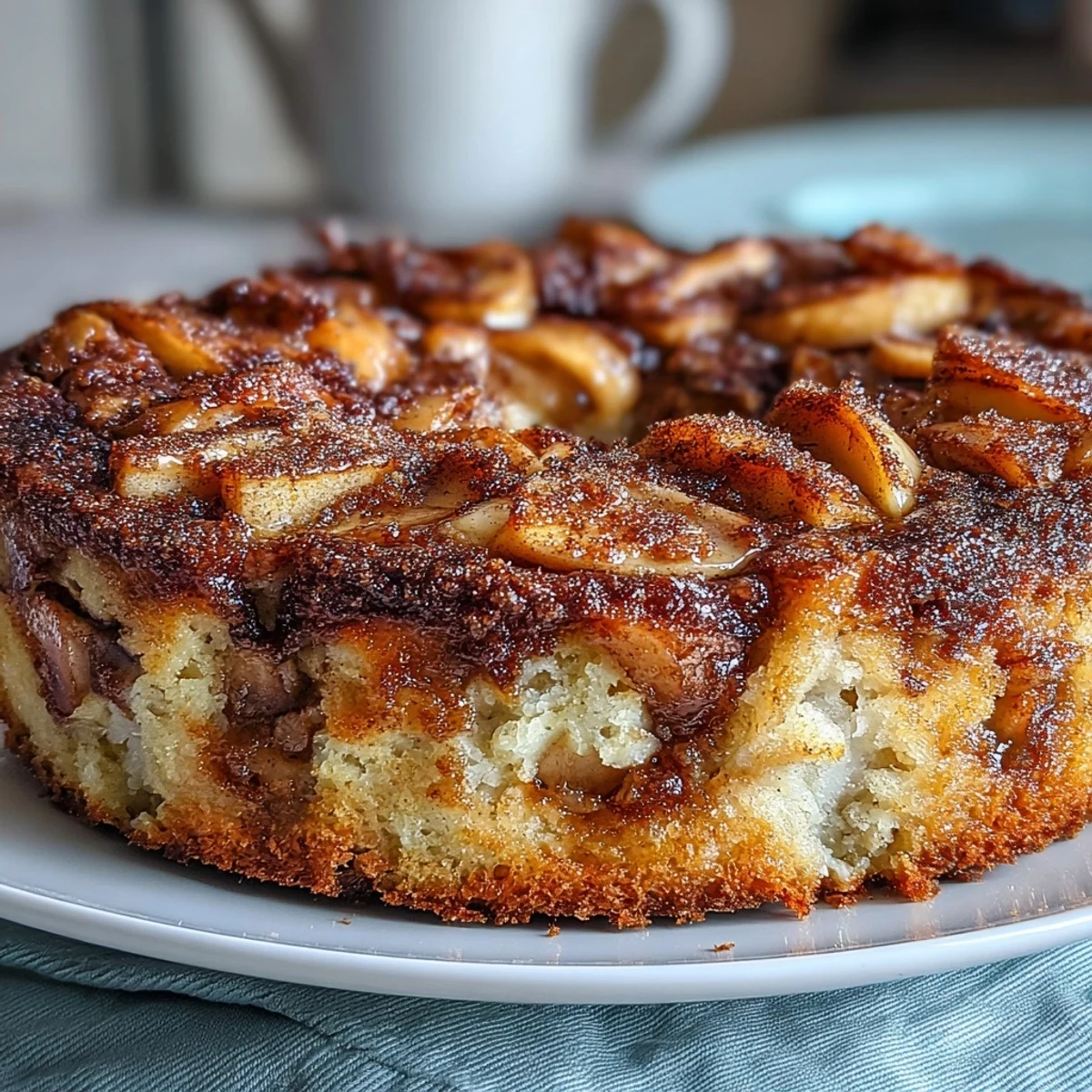 Freshly baked Baked Apple Cake sits in a rustic dish, its cinnamon-sugar topping glistening in the morning light.