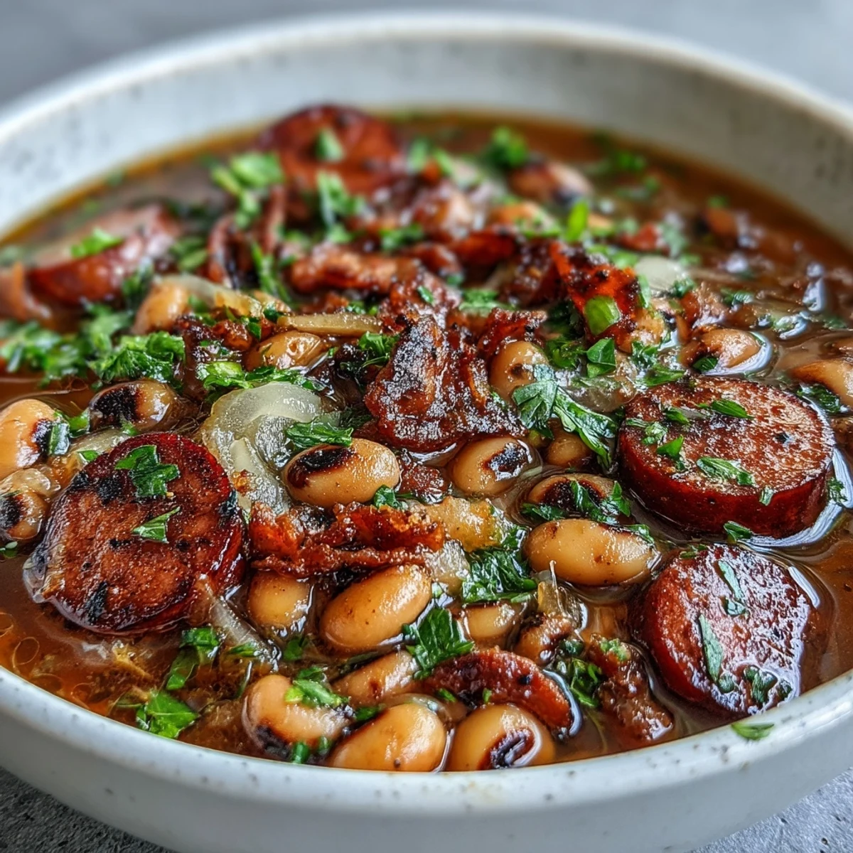 A close-up of simmering Southern-Style Black-Eyed Peas in a Dutch oven, featuring smoky sausage and diced vegetables.  