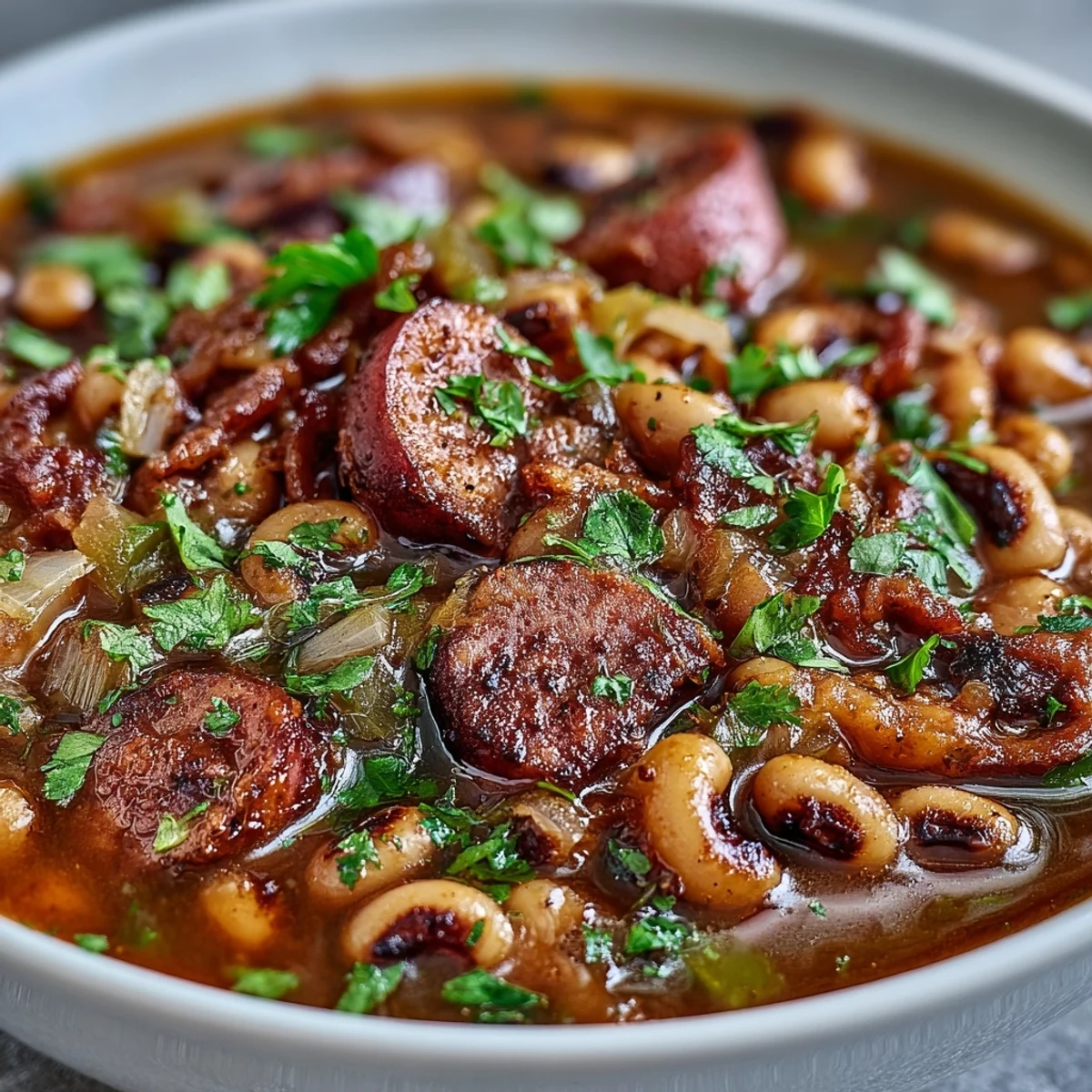 Spicy Southern-Style Black-Eyed Peas served hot in a rustic bowl, garnished with fresh parsley and a side of cornbread.  