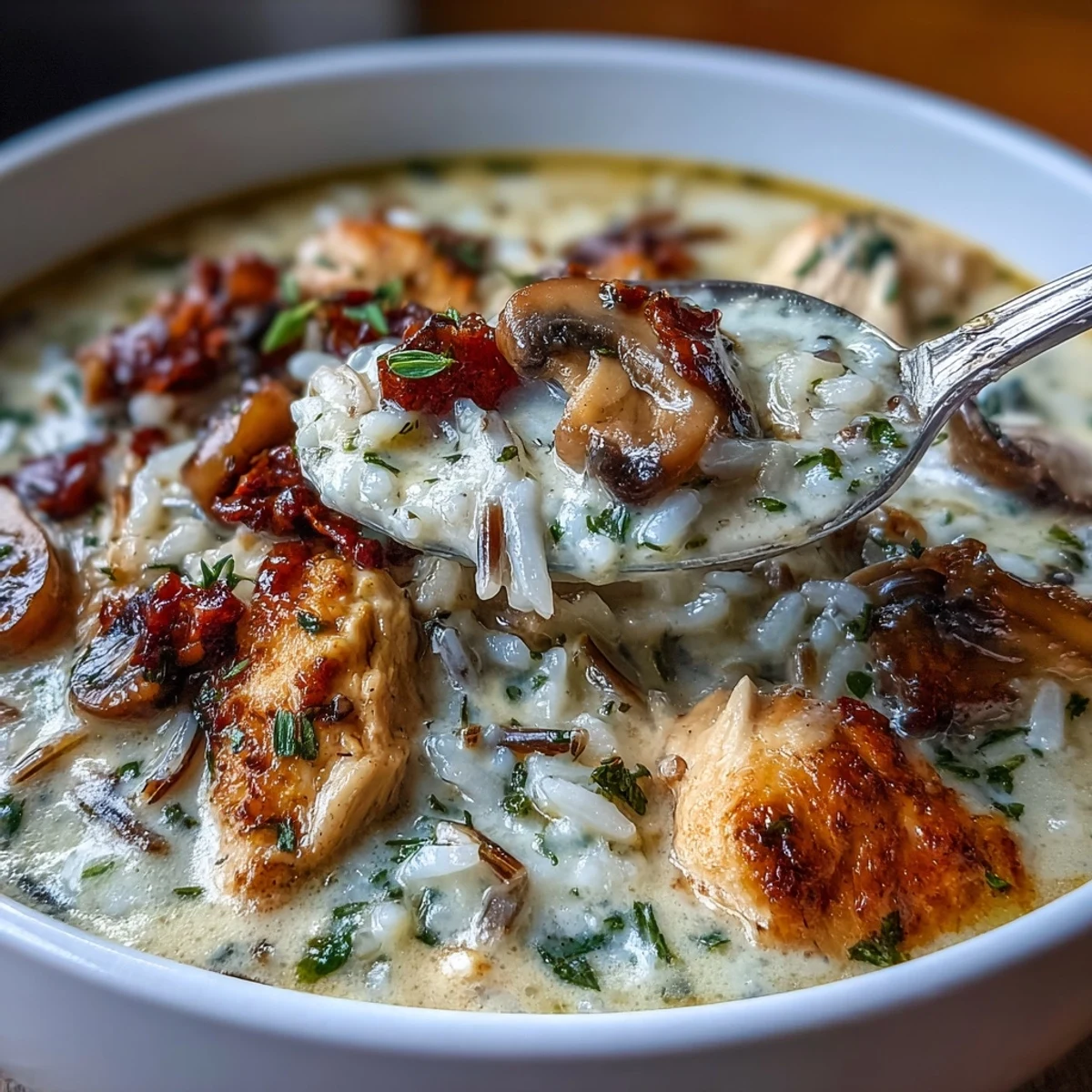 Creamy Parmesan Mushroom Chicken and Wild Rice Soup steaming in a white bowl, garnished with fresh parsley.