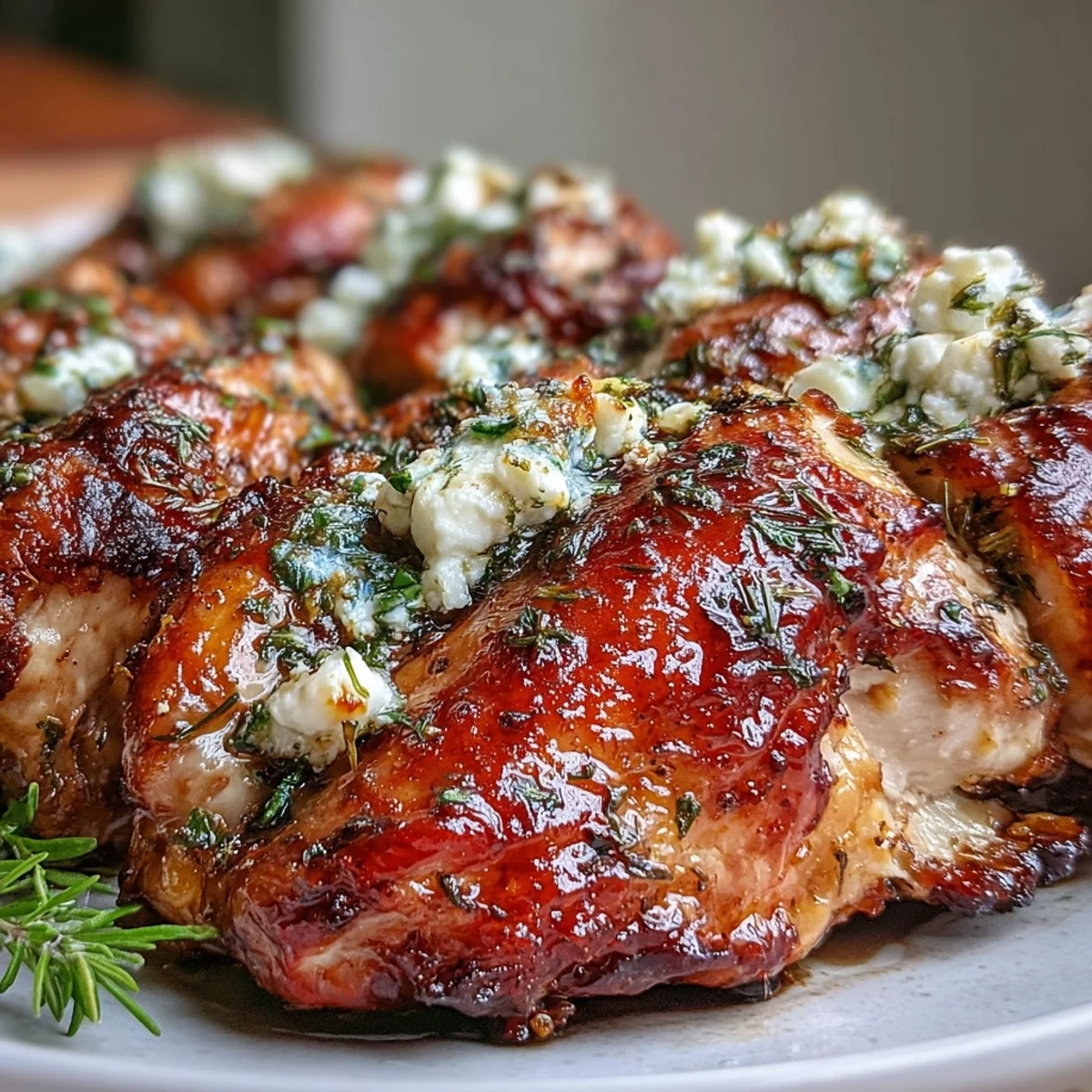 A close-up shows crispy-skinned roasted chicken with lemon herbs and golden pot potatoes, finished with crumbled feta and parsley garnish.