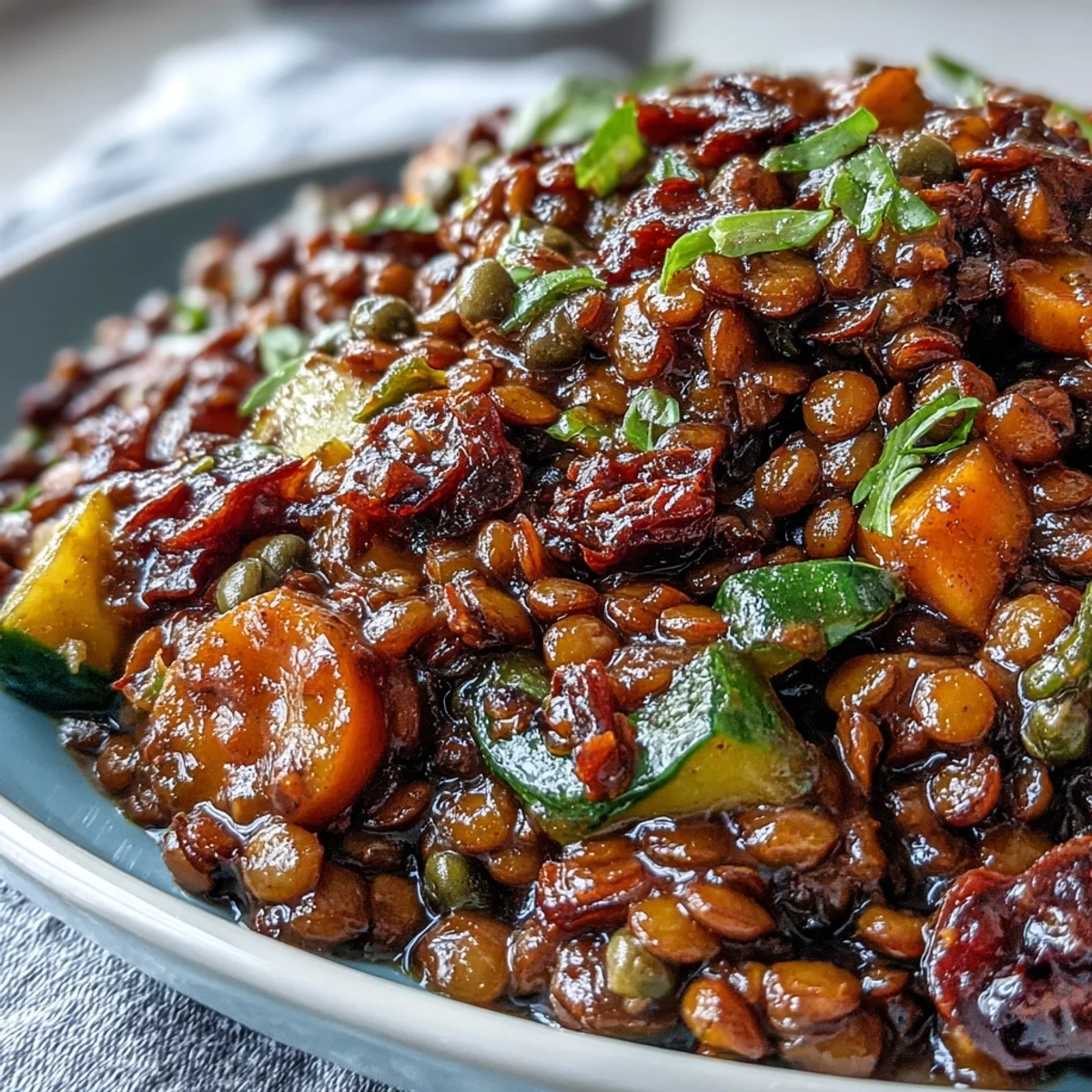 A steaming skillet of Cuban-Inspired Lentil Picadillo features lentils, olives, and raisins served with fluffy white rice.  