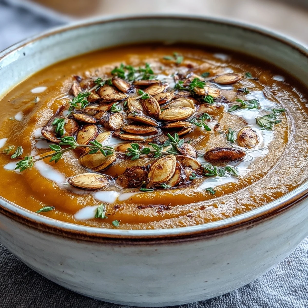 Steaming bowl of Easy Roasted Butternut Squash Soup garnished with cream swirls, pumpkin seeds, and fresh thyme. 