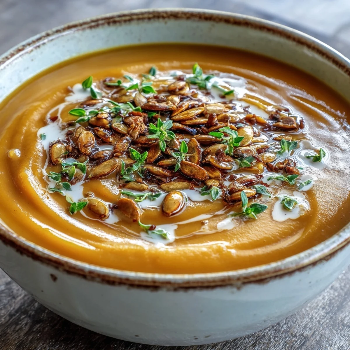 Creamy Easy Roasted Butternut Squash Soup with toasted pumpkin seeds and thyme in a rustic bowl. 