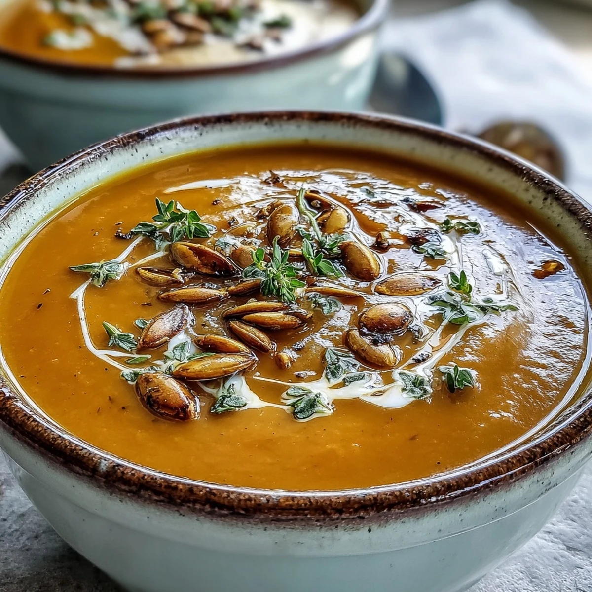 Garnished bowl of Easy Roasted Butternut Squash Soup with a fresh thyme sprig and pumpkin seeds.