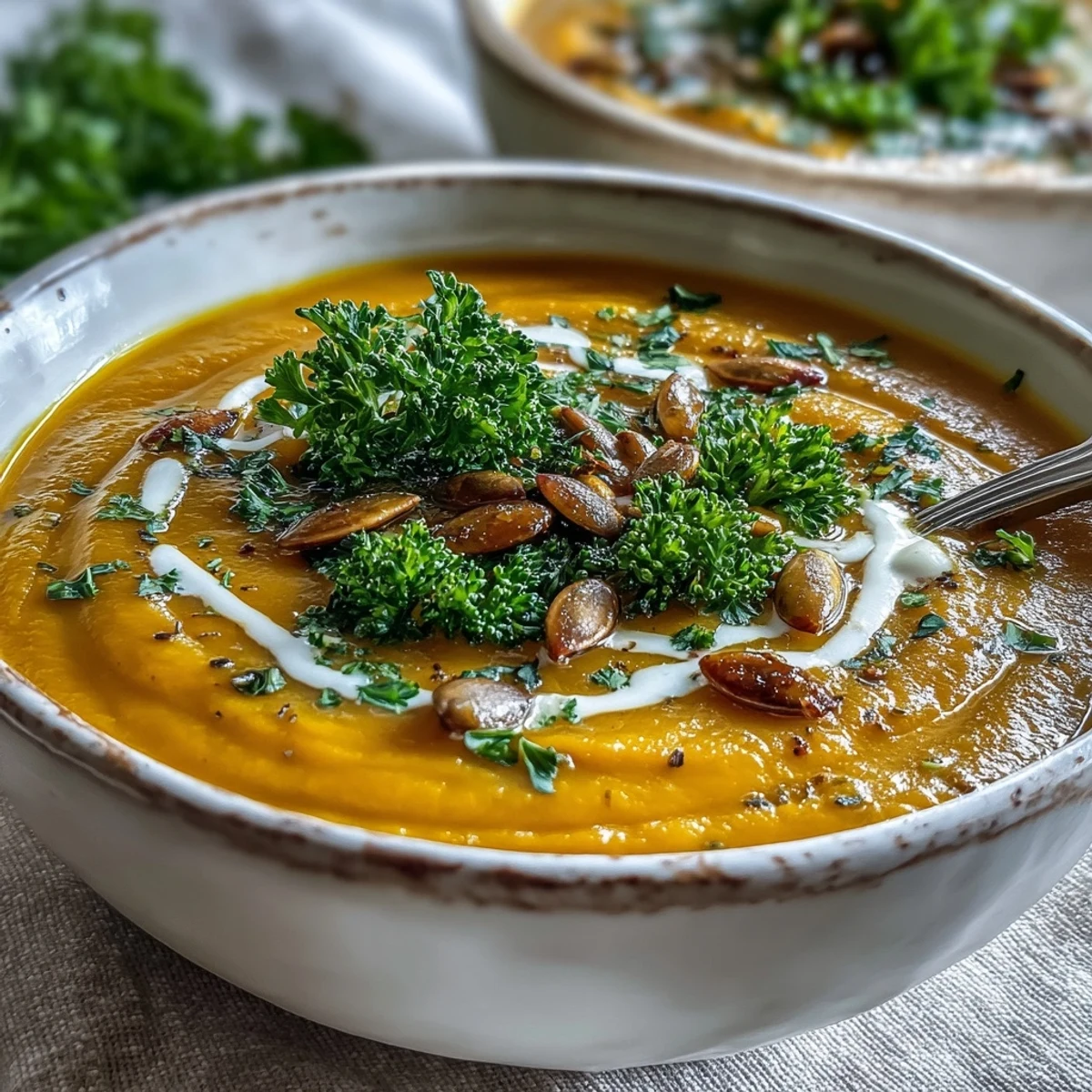 Creamy Roasted Broccoli and Butternut Squash Soup served warm in a rustic bowl with garnish.