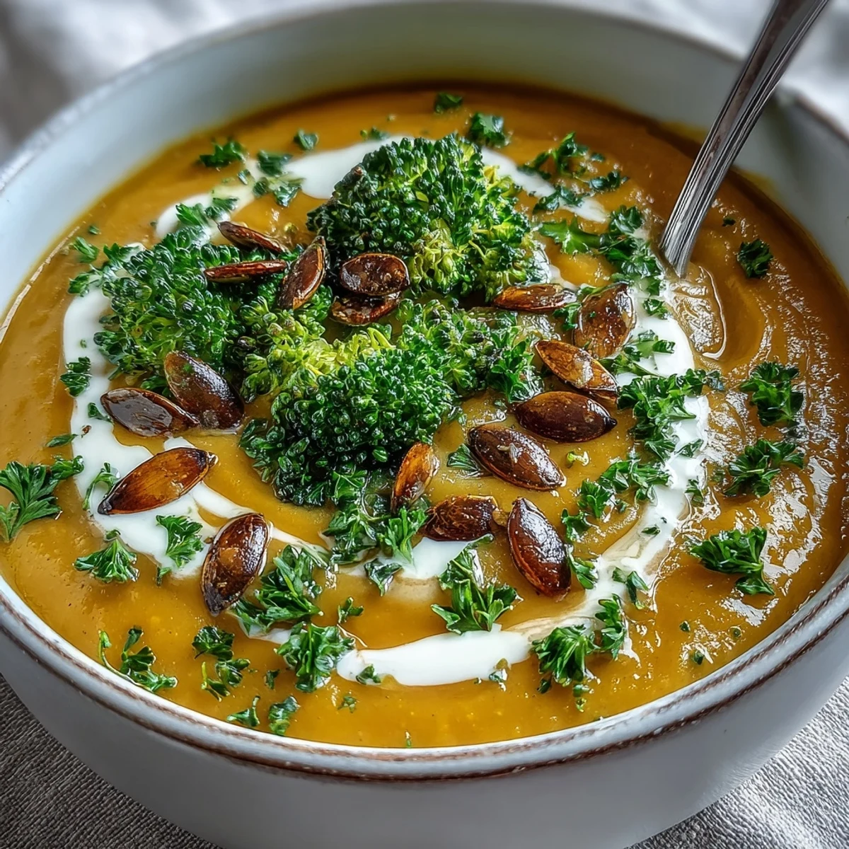A comforting bowl of Roasted Broccoli and Butternut Squash Soup topped with pumpkin seeds.