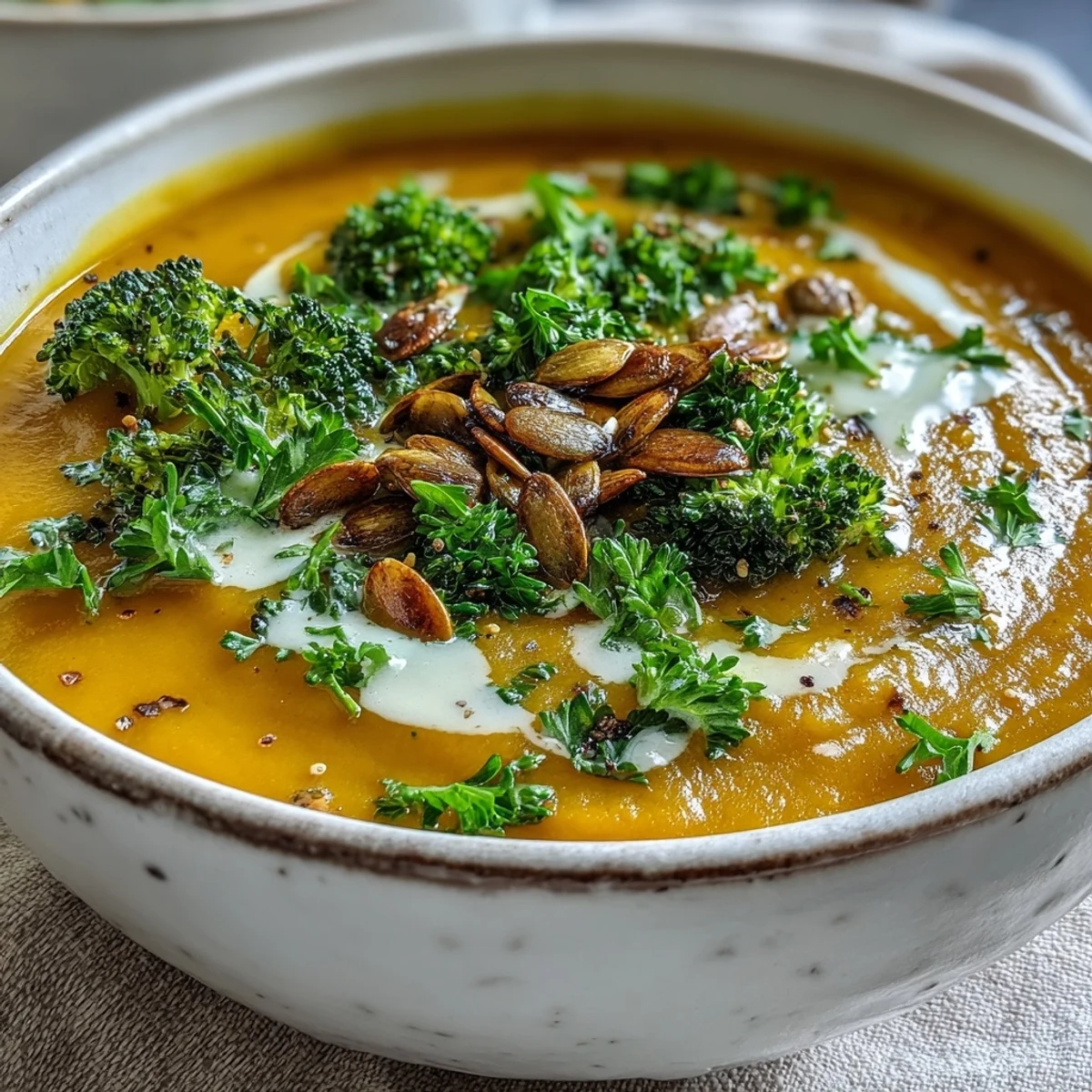 Velvety Roasted Broccoli and Butternut Squash Soup paired with crusty bread for a wholesome meal.