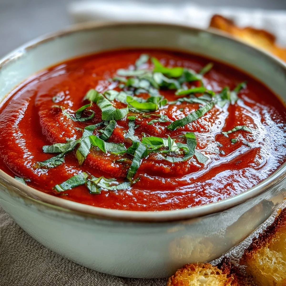 Freshly roasted tomatoes and caramelized onions blend into a vibrant, creamy Roasted Tomato Basil Soup, served with rustic bread.