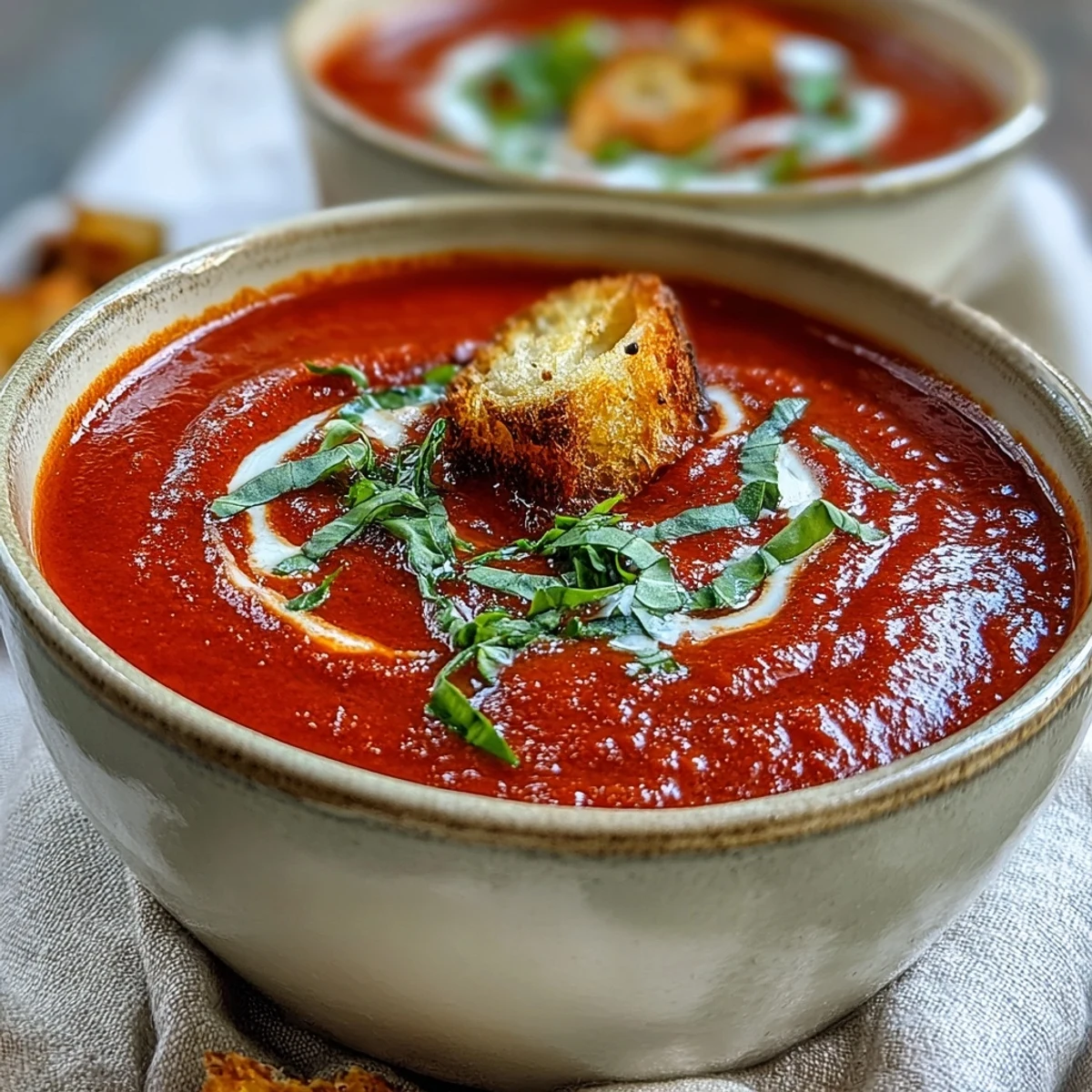 Homemade Roasted Tomato Basil Soup simmering in a pot, featuring oven-roasted tomatoes, garlic, and vegetable broth for a comforting meal.