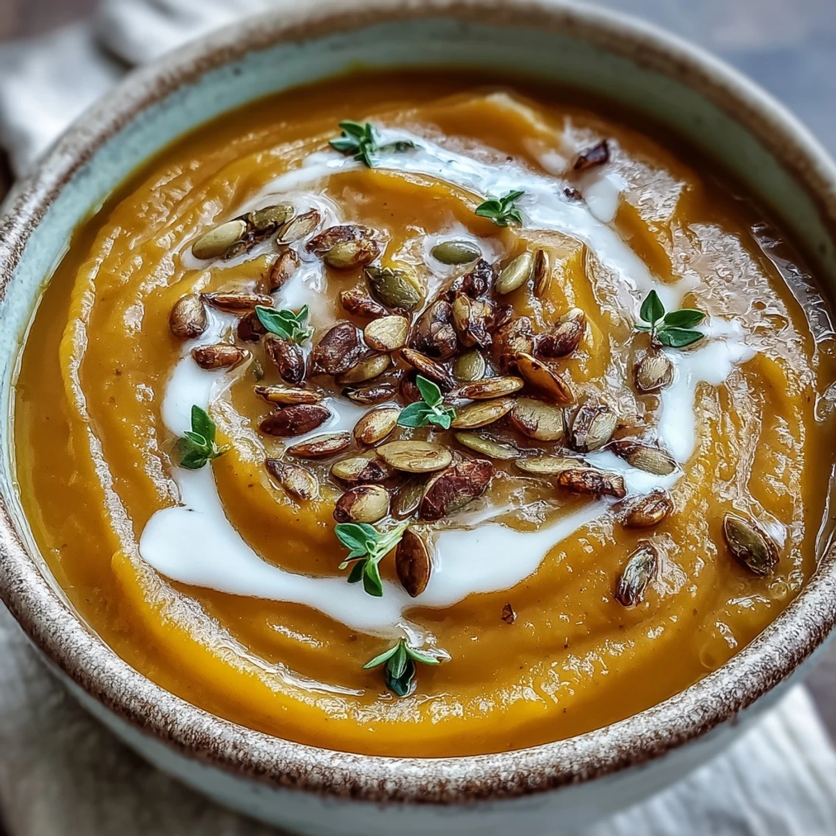 A warm bowl of Butternut Squash and Apple Soup swirled with cream and pumpkin seeds, served beside crusty artisan bread.
