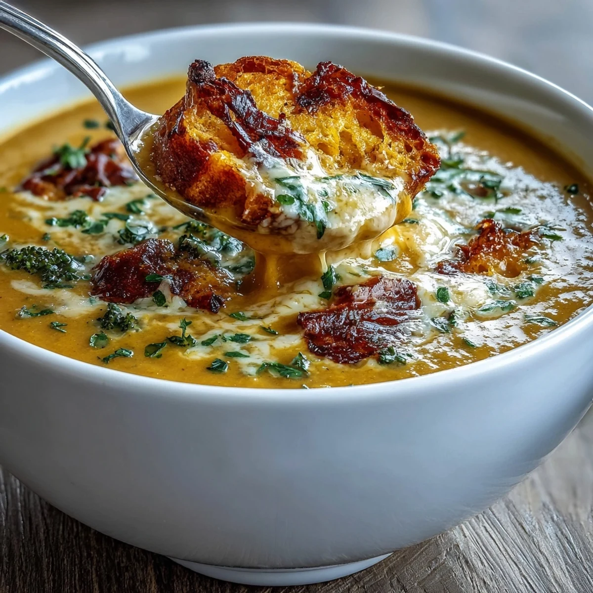 Hearty Butternut Squash Broccoli Cheddar Soup with roasted florets and a velvety texture, served hot from the pot.