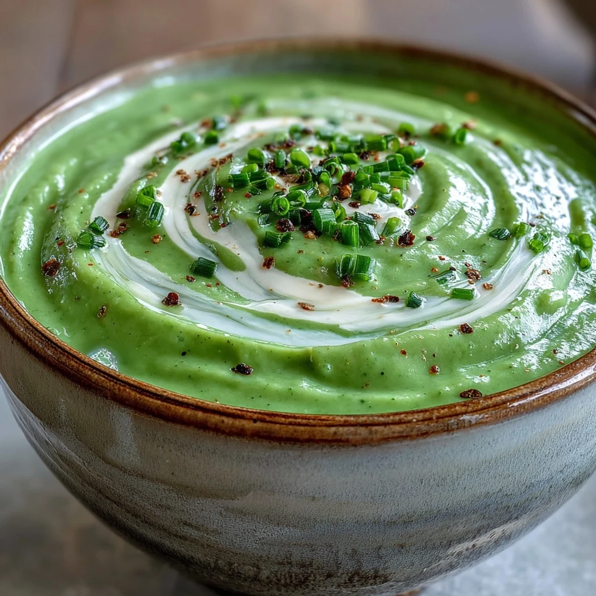 Homemade cream of broccoli soup ladled into a rustic bowl, topped with extra cream swirls and crisp croutons for a hearty presentation.