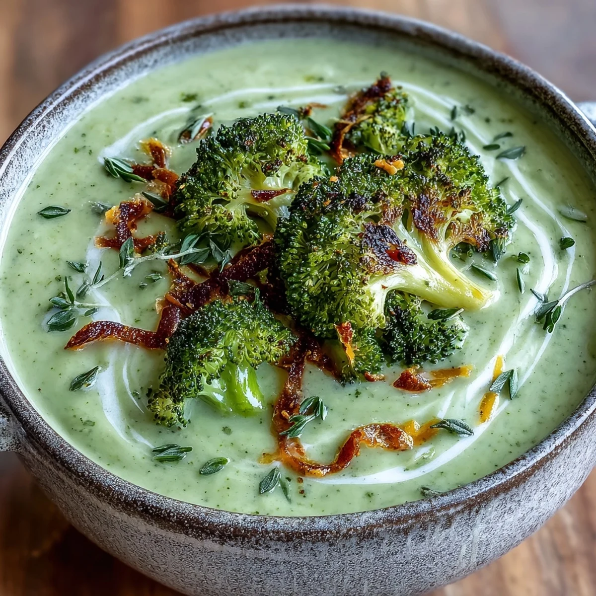 Golden roasted broccoli florets rest in a creamy cheddar soup garnished with fresh thyme, served in a rustic white bowl.
