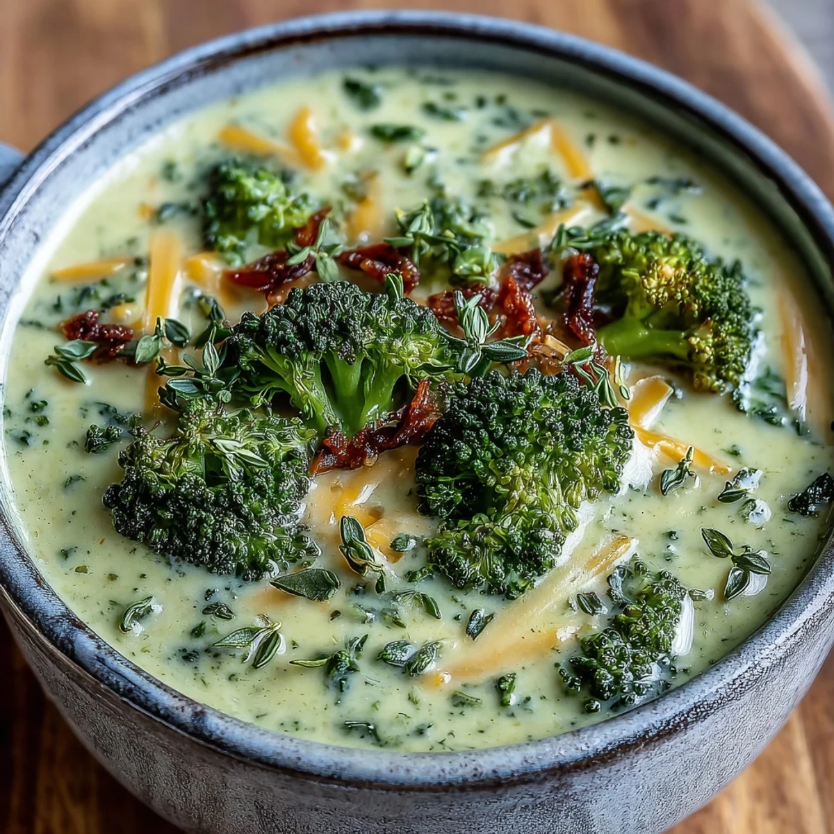 A close-up view of the vibrant green broccoli cheddar soup, topped with extra cheddar shreds and served alongside crusty artisan bread.