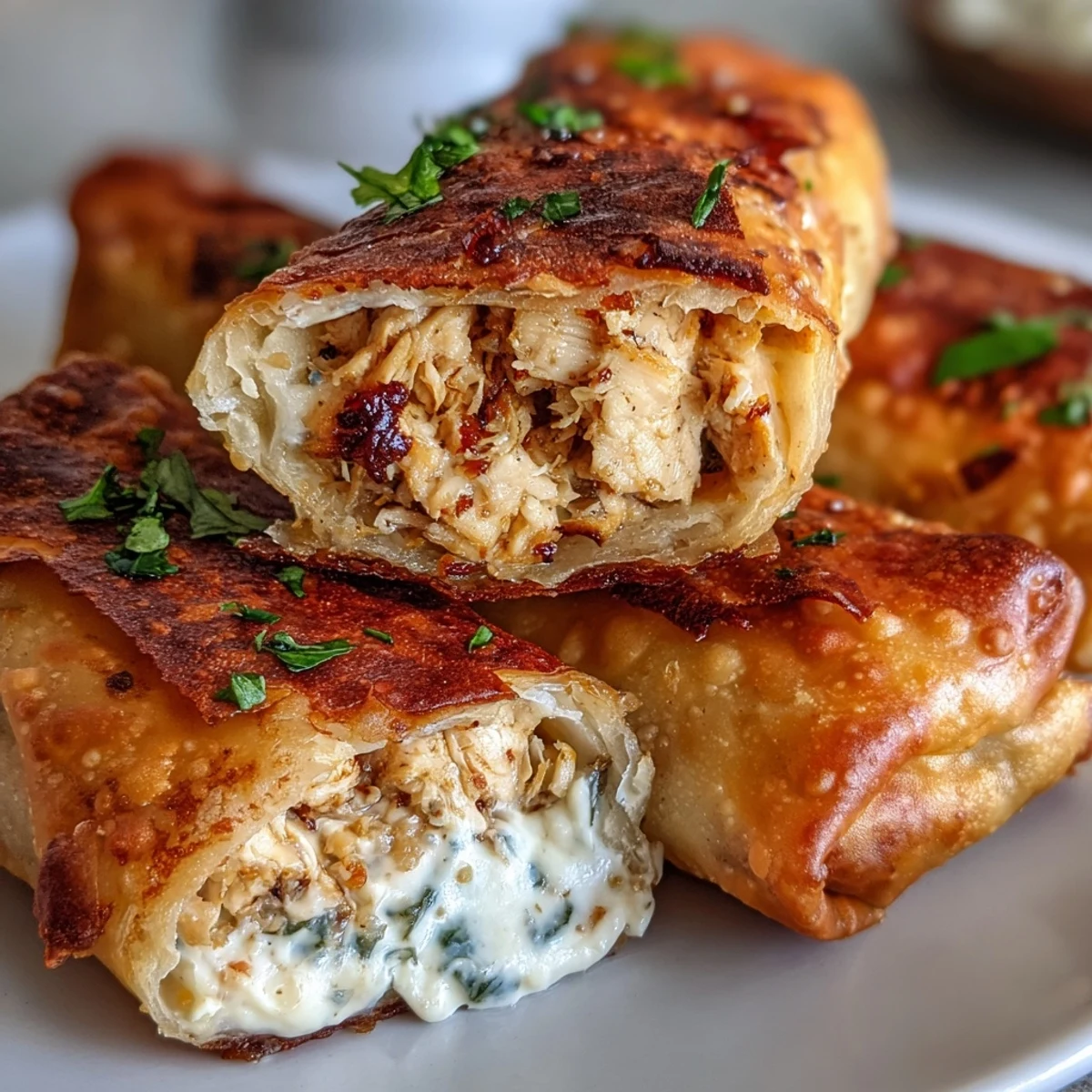 Golden-brown Mini Chicken Chimis with Jalapeño Cream Cheese sit on a platter next to a small bowl of green enchilada sauce for dipping.