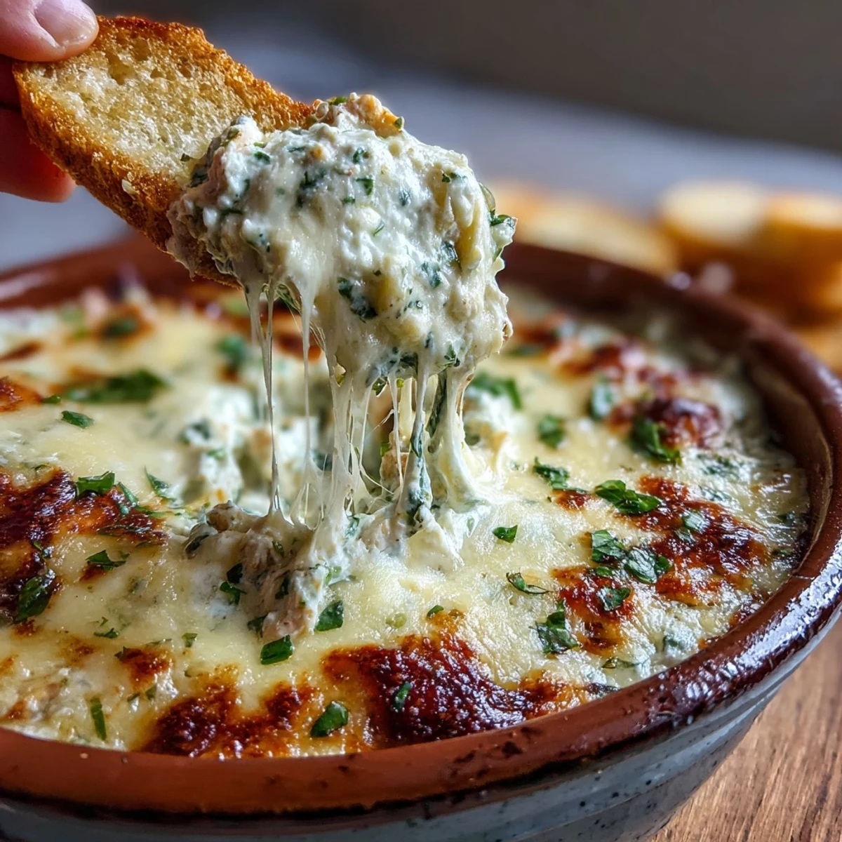 Creamy baked Cilantro and Lime Chicken dip with shredded chicken and Monterey Jack in a dish beside tortilla scoops.