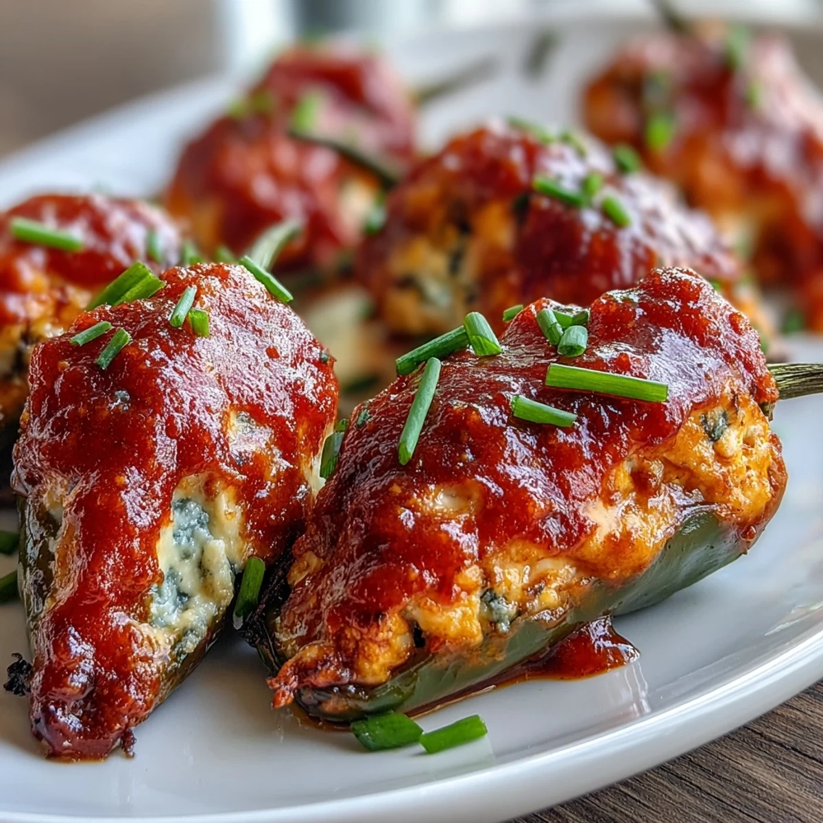 Golden-brown Buffalo Wing Poppers with bubbling, spicy chicken filling on a rustic wooden board.