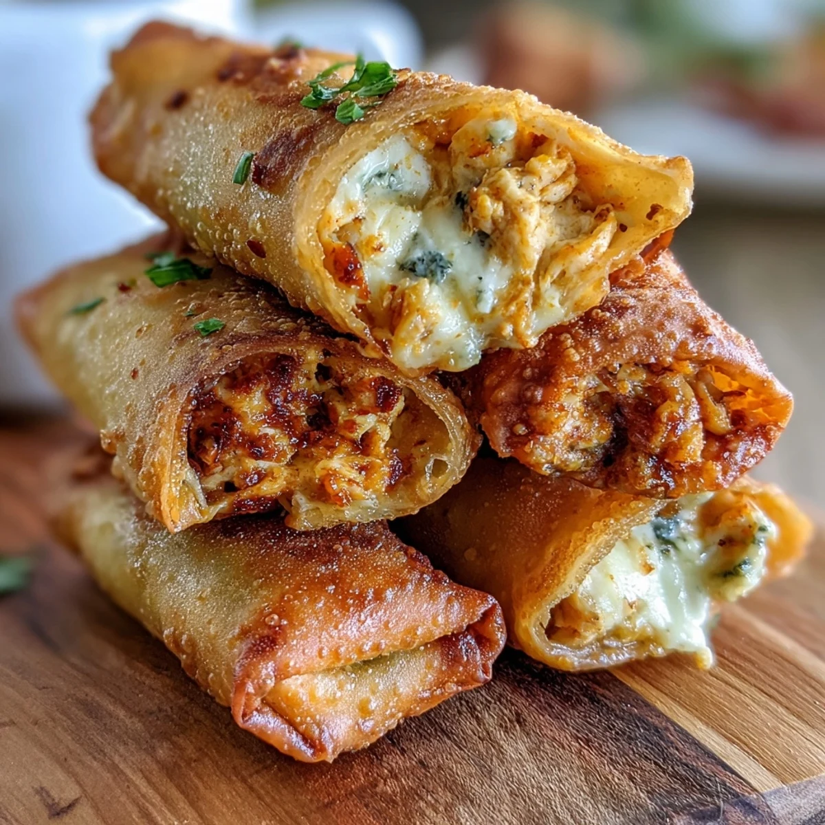 Crispy golden Buffalo Chicken Egg Rolls filled with spicy chicken, creamy cheese, and crunchy veggies.