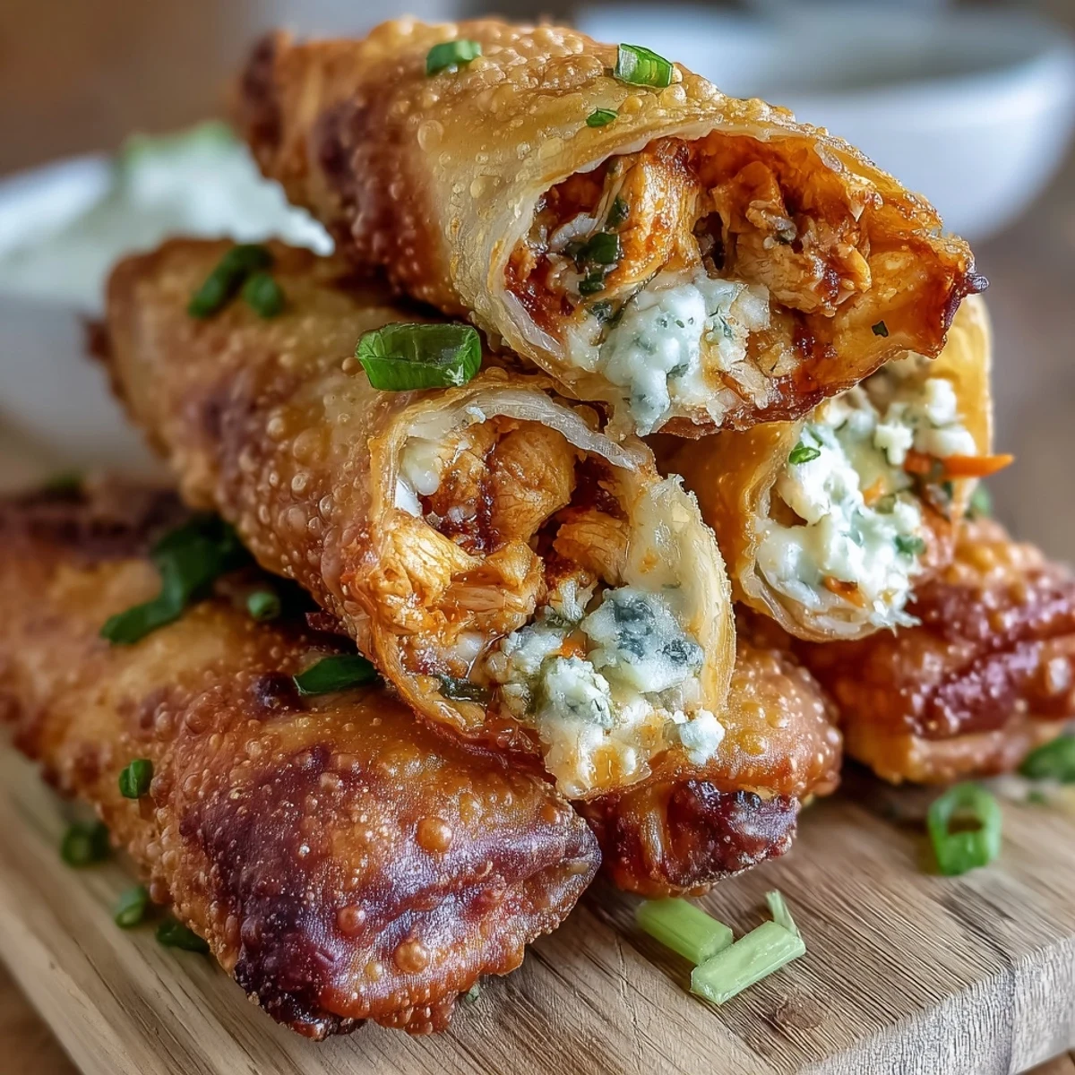 Golden-fried Buffalo Chicken Egg Rolls on a platter, served with creamy ranch dip and celery sticks.