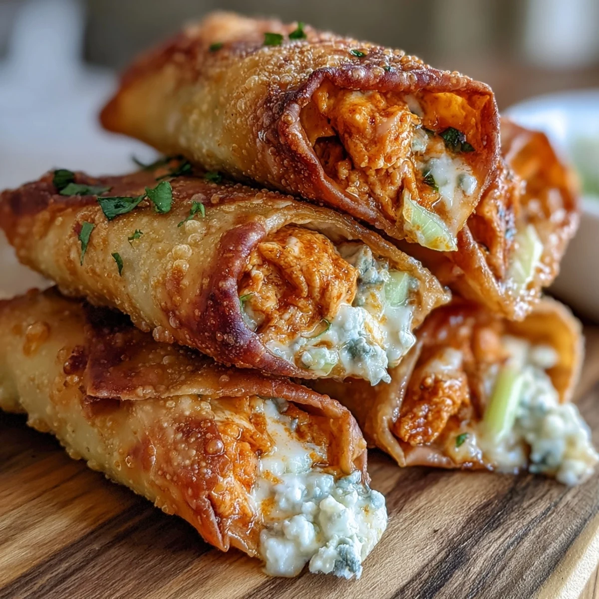 Freshly prepared Buffalo Chicken Egg rolls with melted mozzarella and blue cheese filling on a wooden board.
