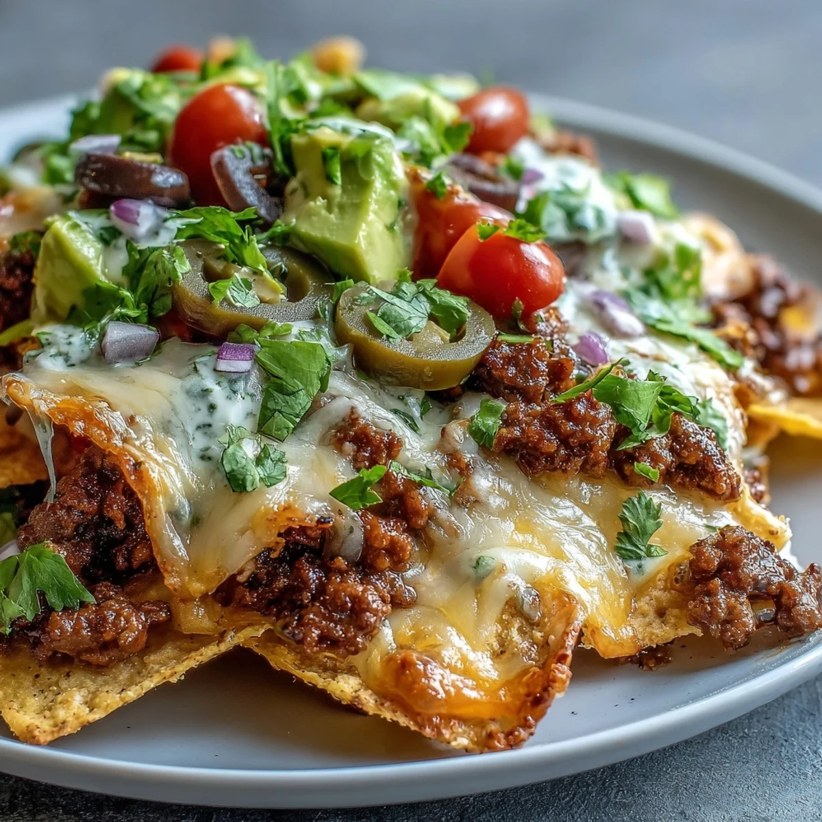 Golden, bubbling Baked Nachos loaded with seasoned ground beef, melted cheddar, and colorful fresh toppings on a festive platter.