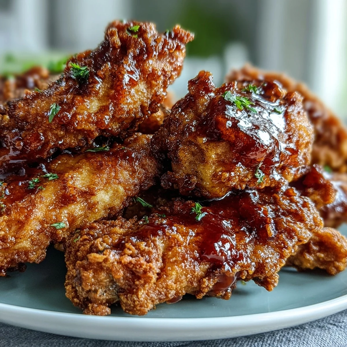 Freshly fried chicken wings piled high with a golden, crispy crust, served with blue cheese dressing and celery sticks.