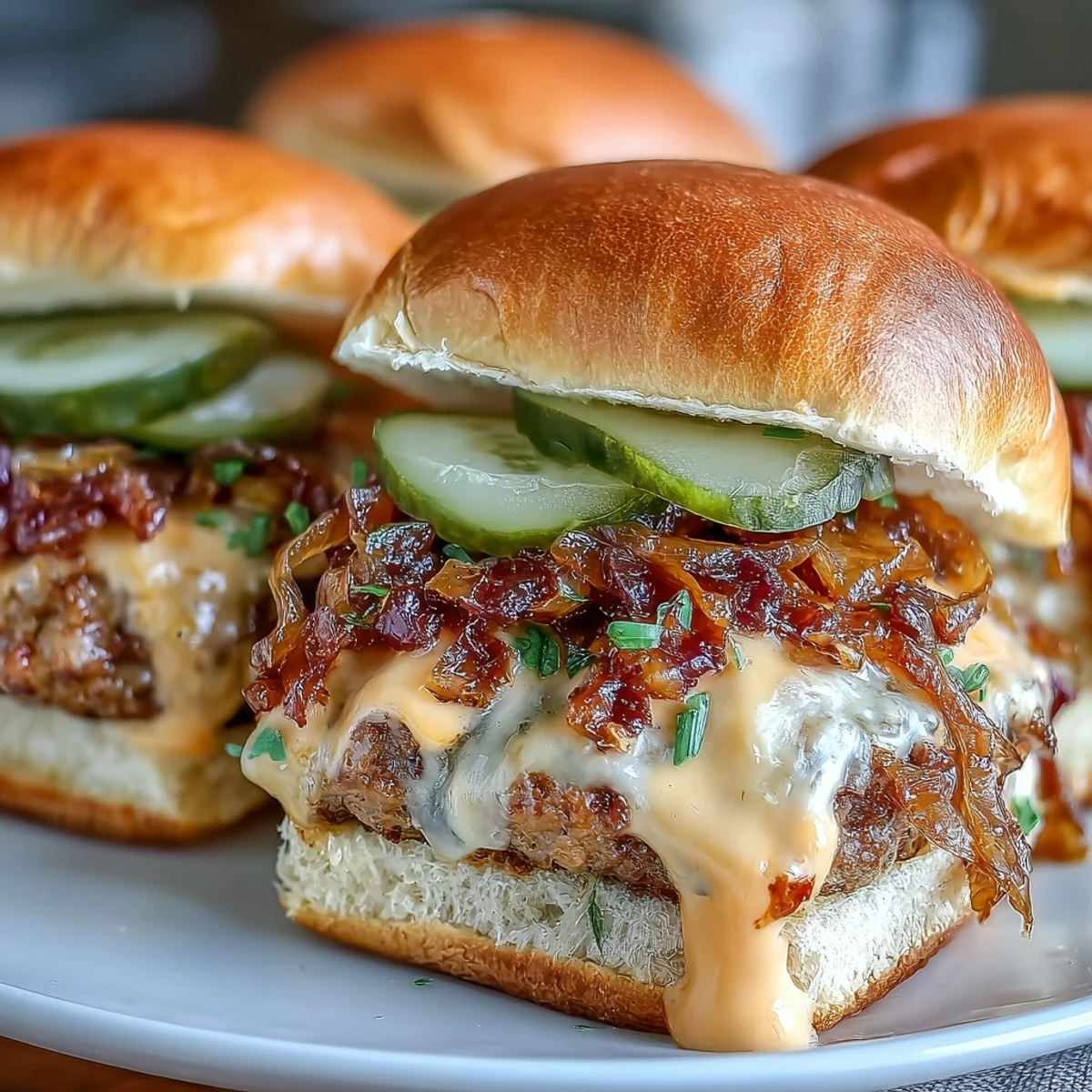 Golden brown Touchdown Brat Sliders are piled high with caramelized onions, pickles, and beer cheese sauce on soft toasted buns.