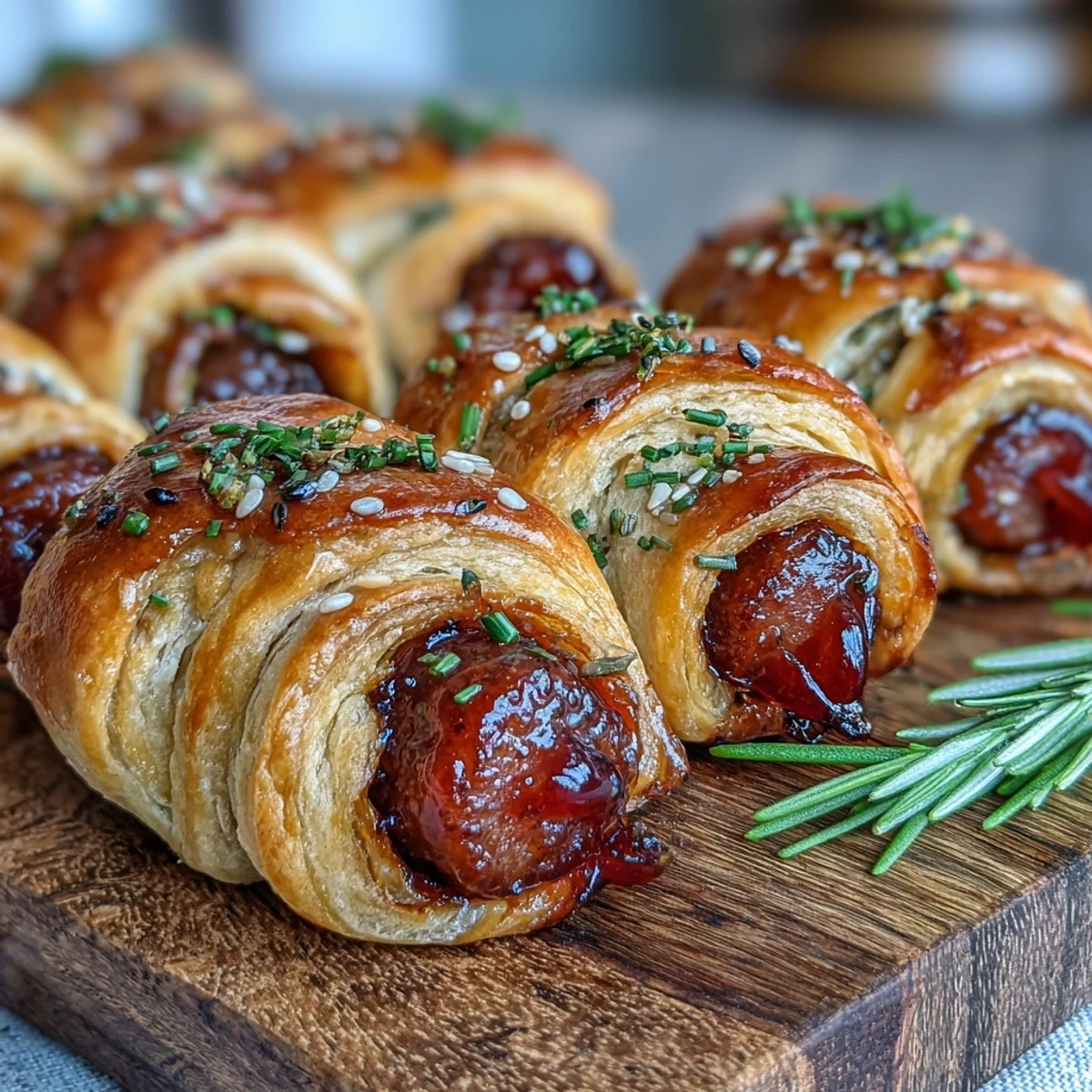 Golden-brown Pepper Jelly Hogs in a Blanket arranged on a wooden serving board, garnished with fresh chives.