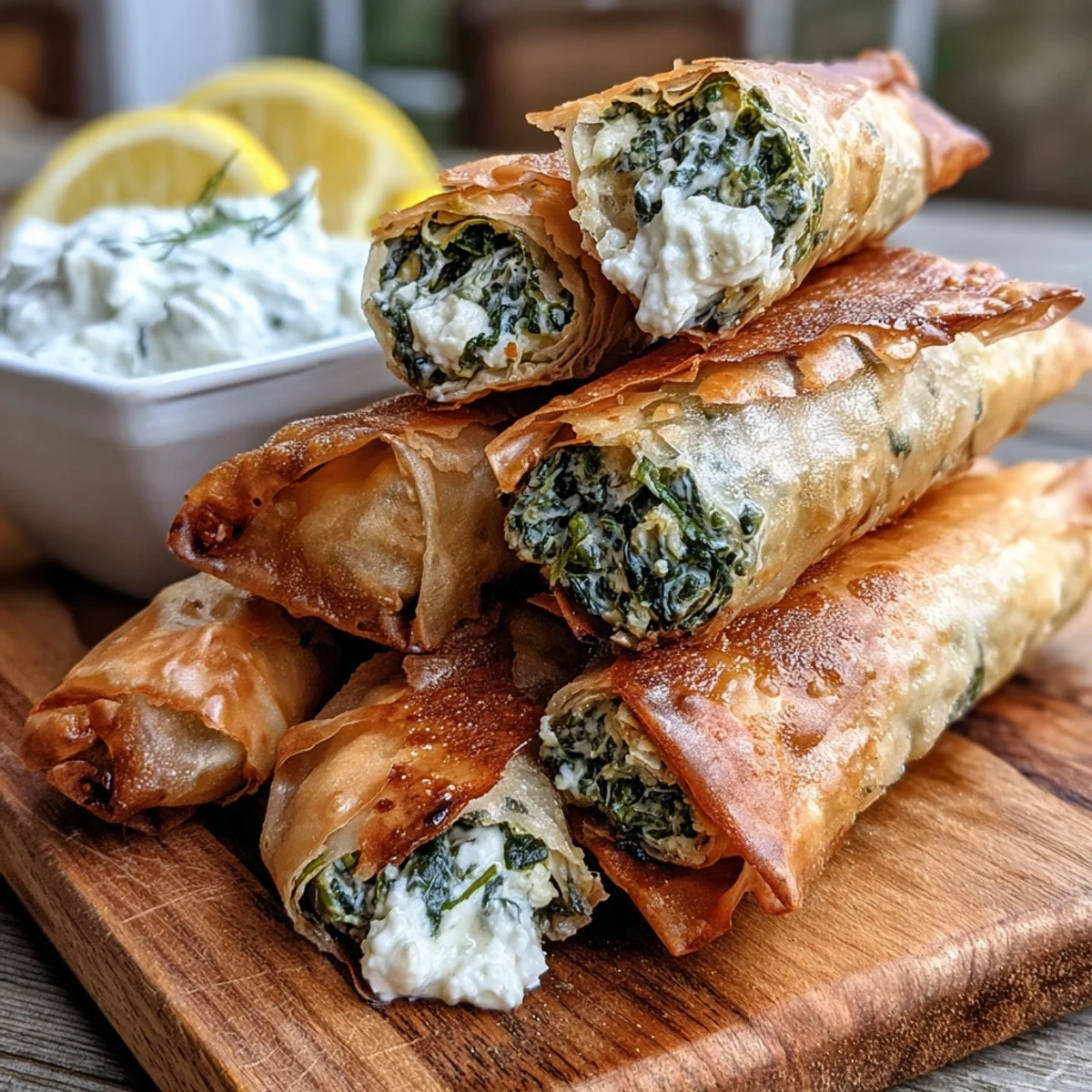 Golden brown Spanakopita Spring rolls rest on a white plate, with a creamy yogurt dip and lemon wedges nearby.