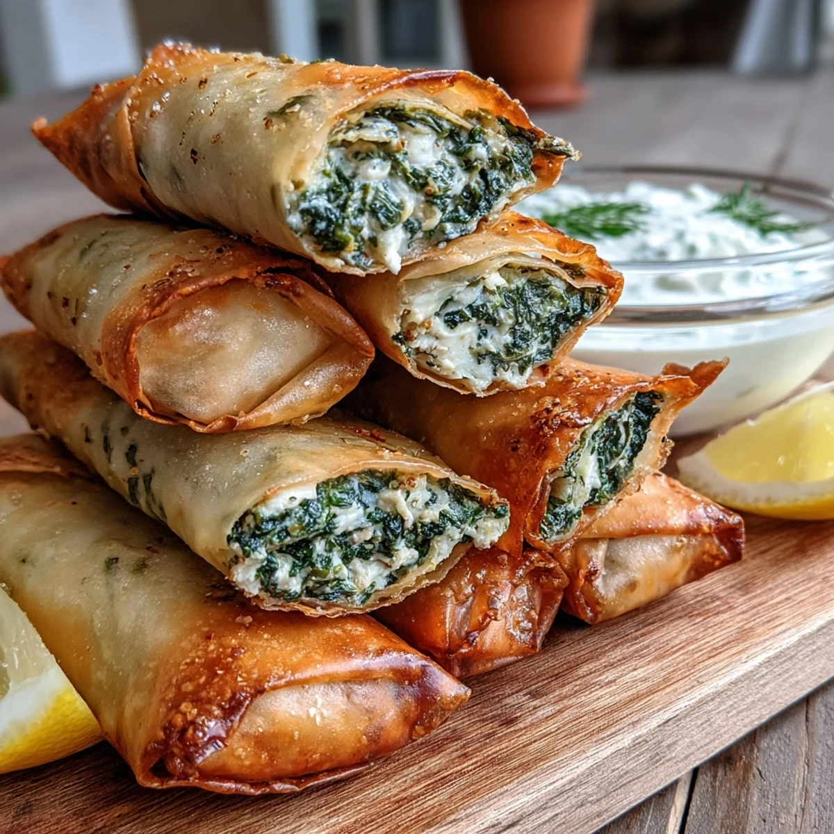 Freshly baked Spanakopita Spring rolls sit beside a bowl of green tzatziki sauce, ready to be dipped.