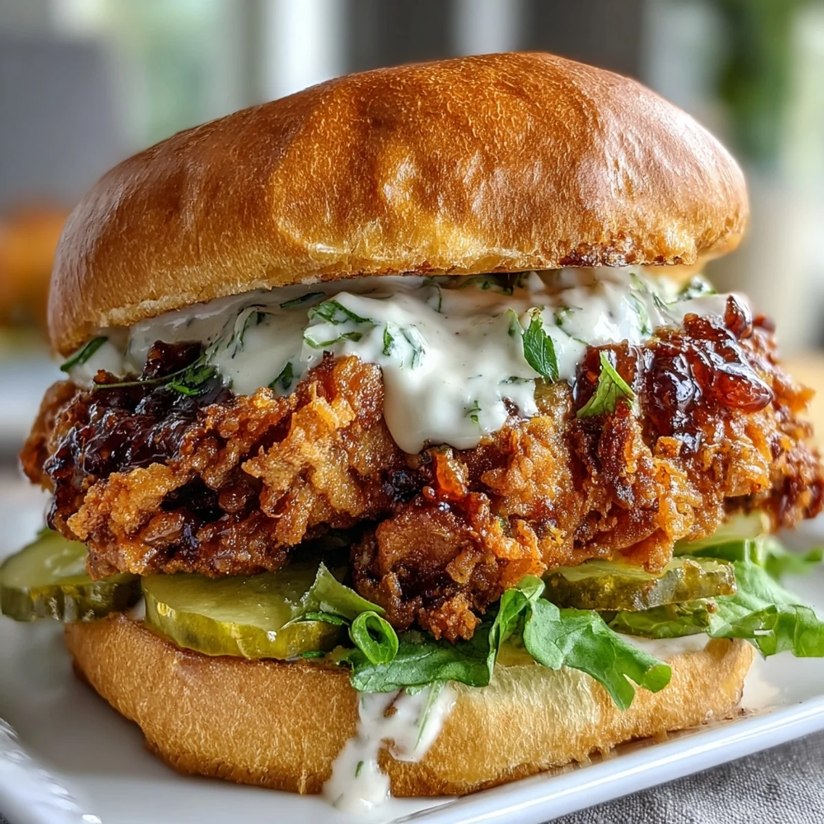 Crispy spicy chicken sandwich with creamy homemade sauce on a toasted brioche bun, topped with pickles and fresh lettuce.