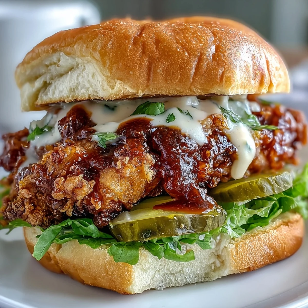 Juicy fried chicken sandwich stacked on a buttery brioche bun with creamy sauce, crisp lettuce, and tangy dill pickles.