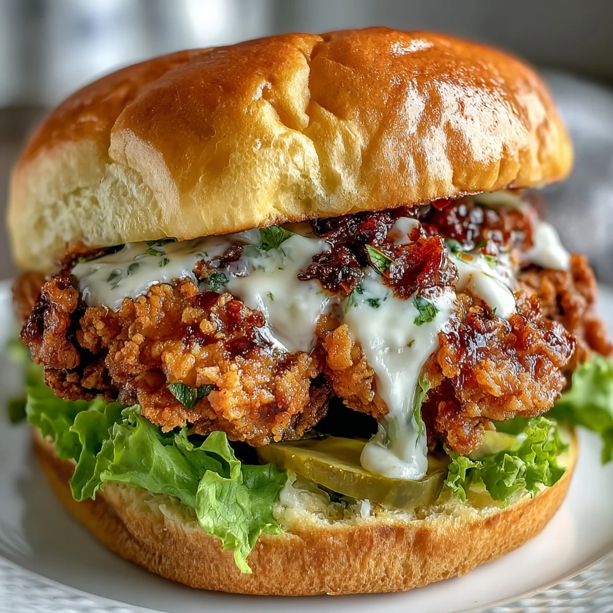 Golden spicy chicken sandwich drizzled with creamy homemade sauce, served with tomato and pickles on a soft brioche bun.