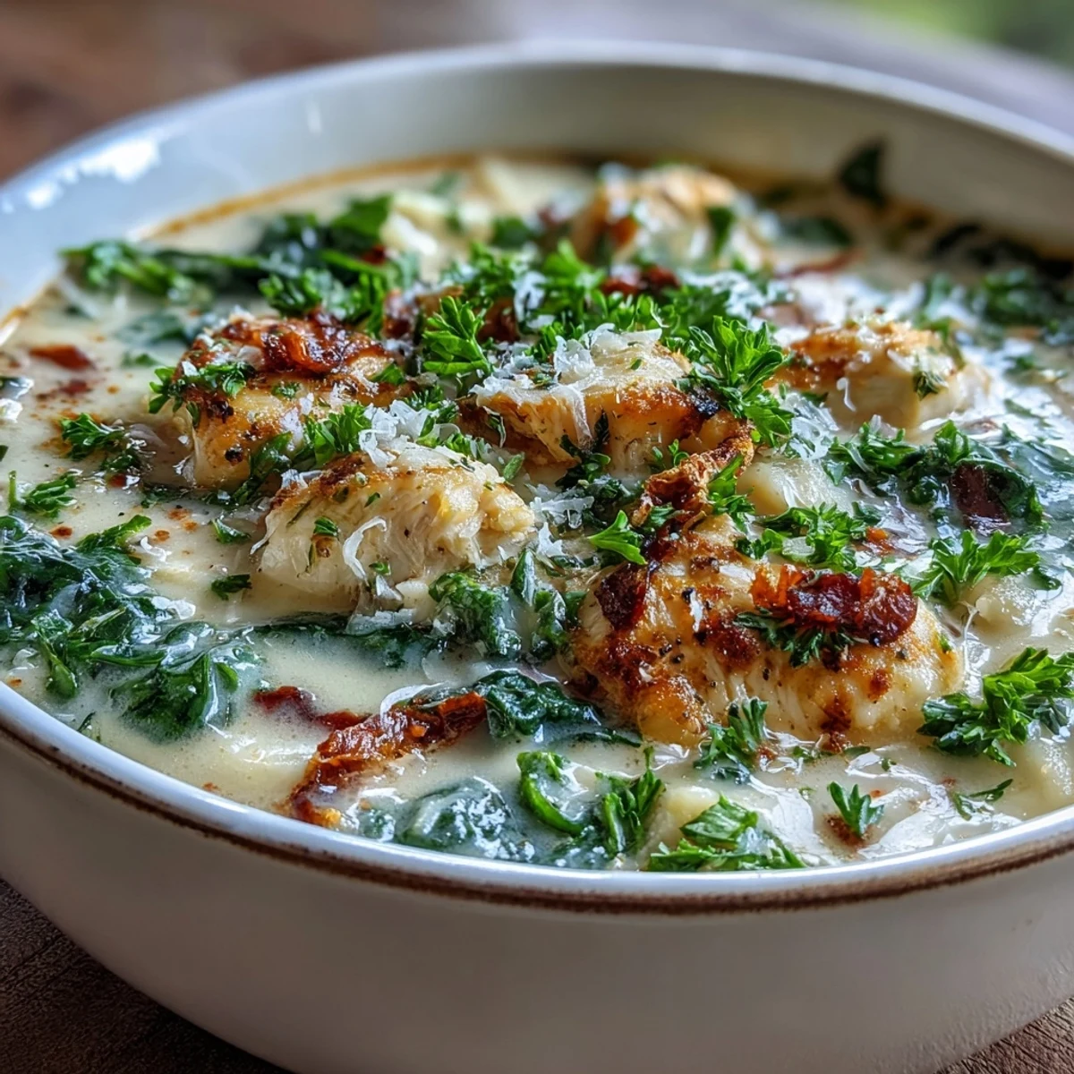 Creamy Garlic Parmesan Chicken Soup with tender chicken pieces, fresh parsley, and extra Parmesan garnish in a cozy bowl.