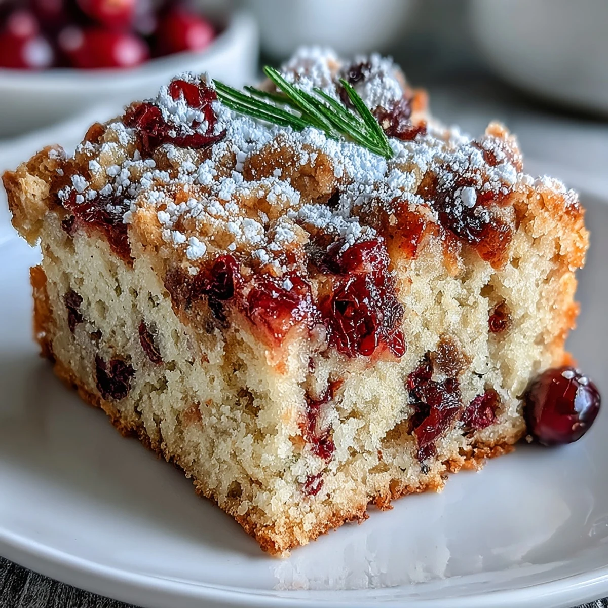 Freshly baked Cranberry Orange Breakfast Cake cooling on a wire rack, dusted with powdered sugar and studded with tart berries.