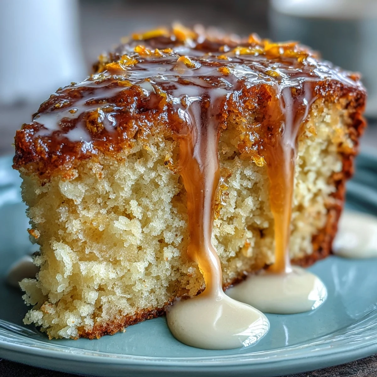 A slice of Heavenly Blood Orange Yogurt Cake served beside a cup of tea on a sunny table.