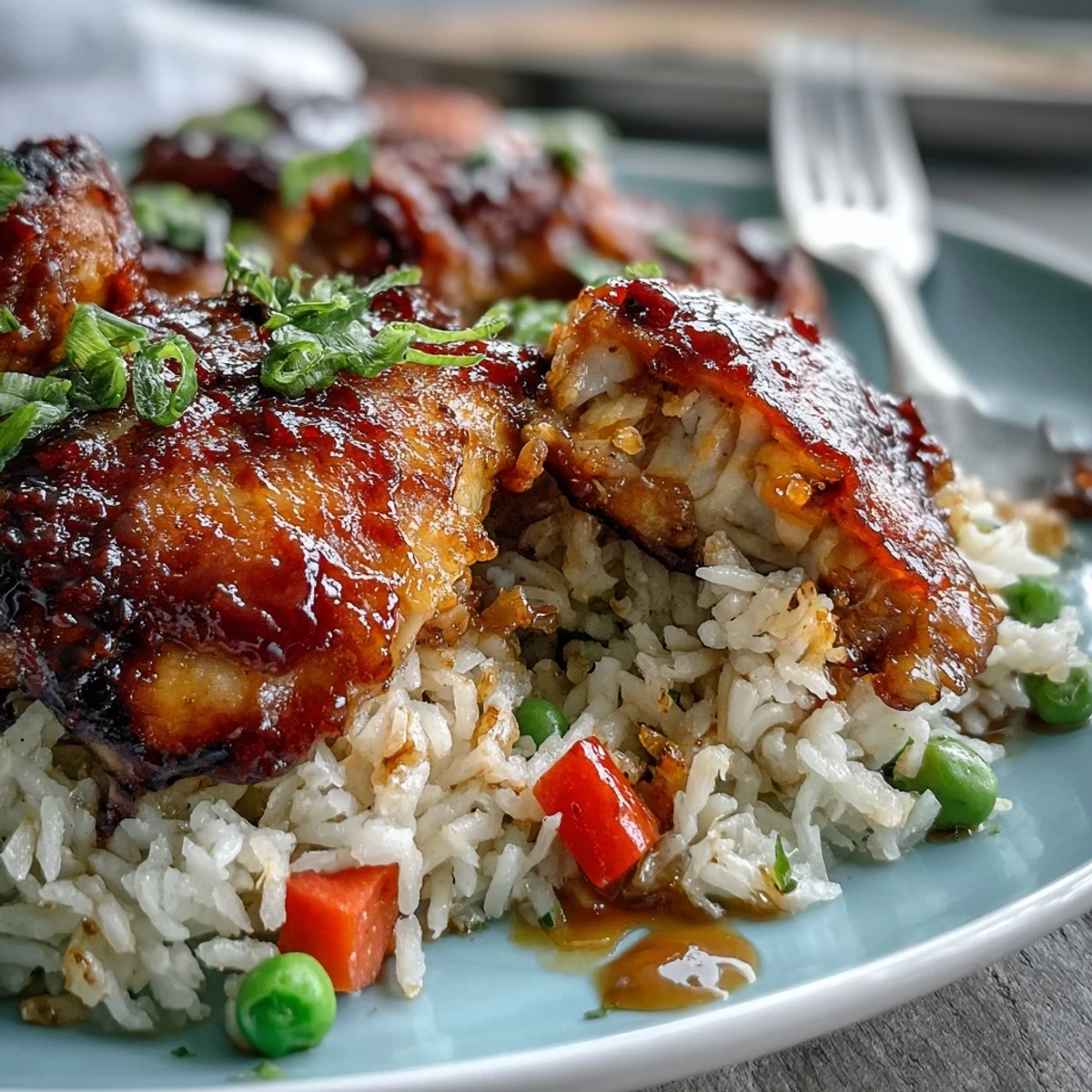 Golden-brown honey BBQ chicken pieces simmer over fluffy white rice and vibrant bell peppers in a single skillet, steam rising gently.