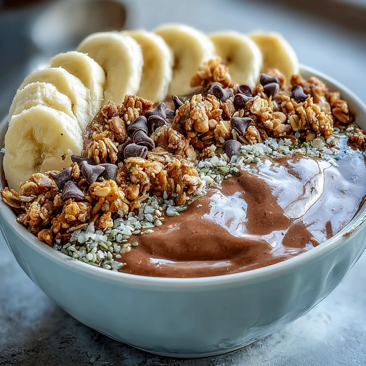 Two bowls of Chunky Monkey Smoothie Bowls topped with sliced banana, granola, and cacao nibs.