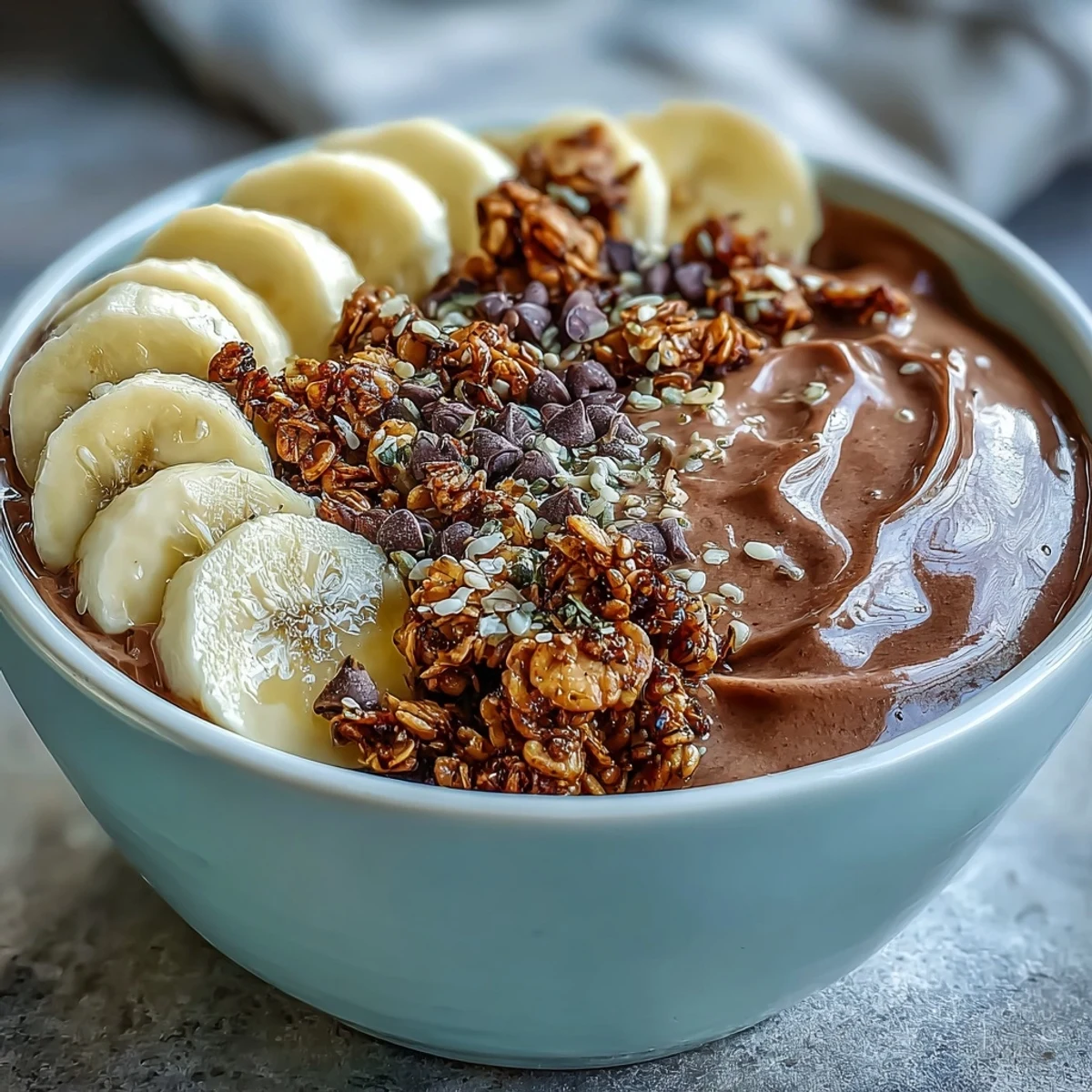 A creamy chocolate smoothie bowl ready to eat, featuring fresh banana slices and hemp seeds.