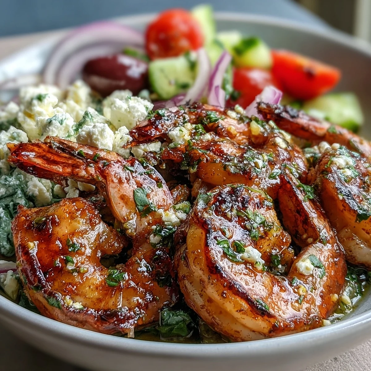 Grilled Greek Shrimp Bowl with feta, tomatoes, and cucumbers in a lemon-olive oil dressing on a white plate.