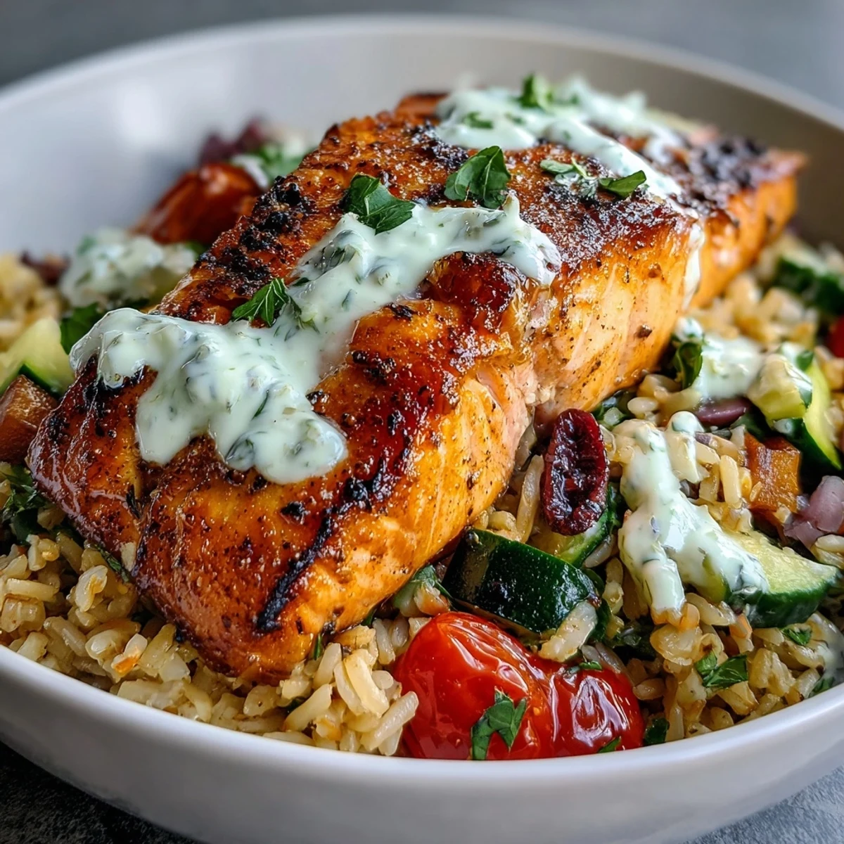 Pan-seared salmon rests atop golden, crispy rice in this vibrant Mediterranean fusion bowl, finished with a zesty lemon-yogurt drizzle.  