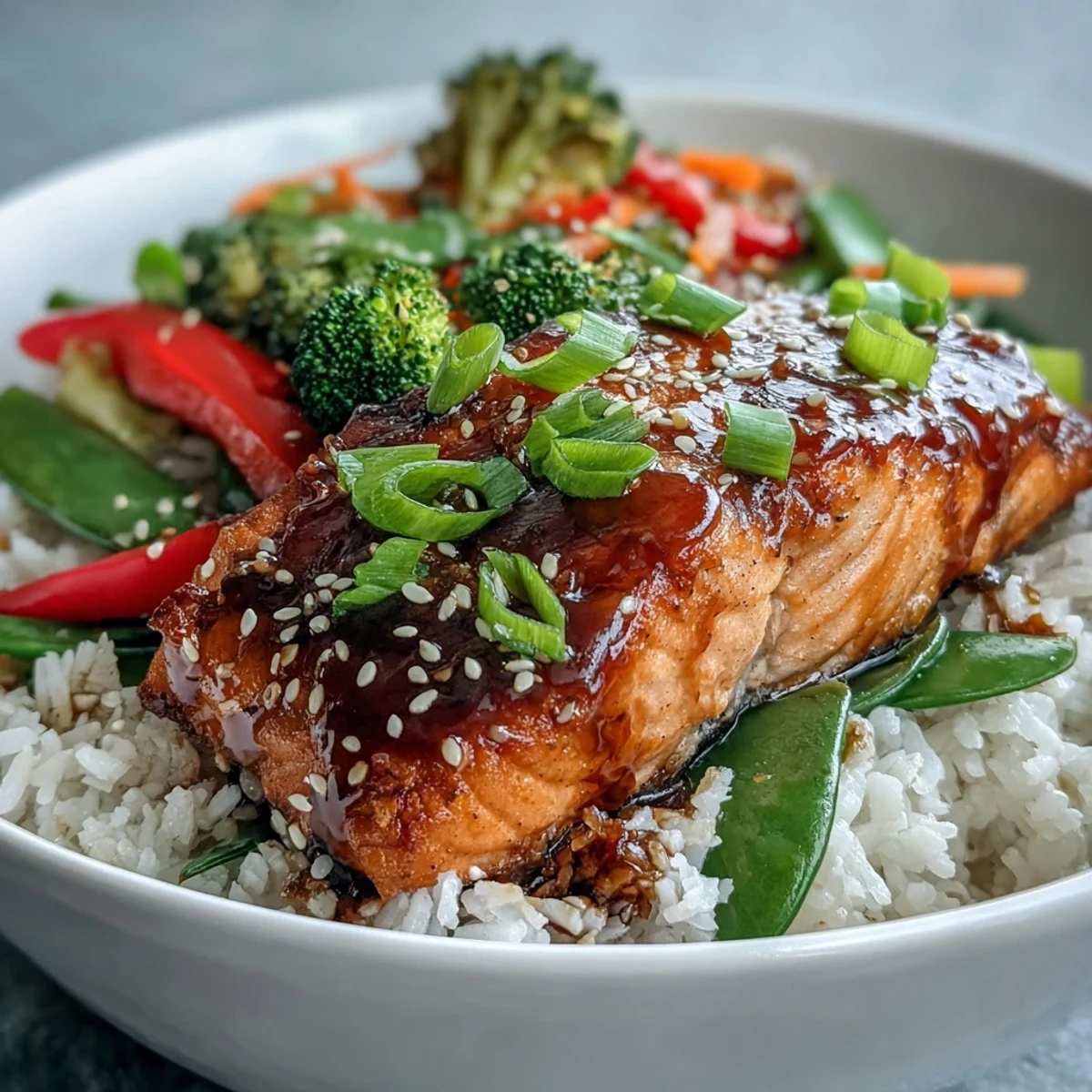 Flaky teriyaki salmon glazed in shiny sauce, served over fluffy rice with crisp stir-fried vegetables in a vibrant bowl.