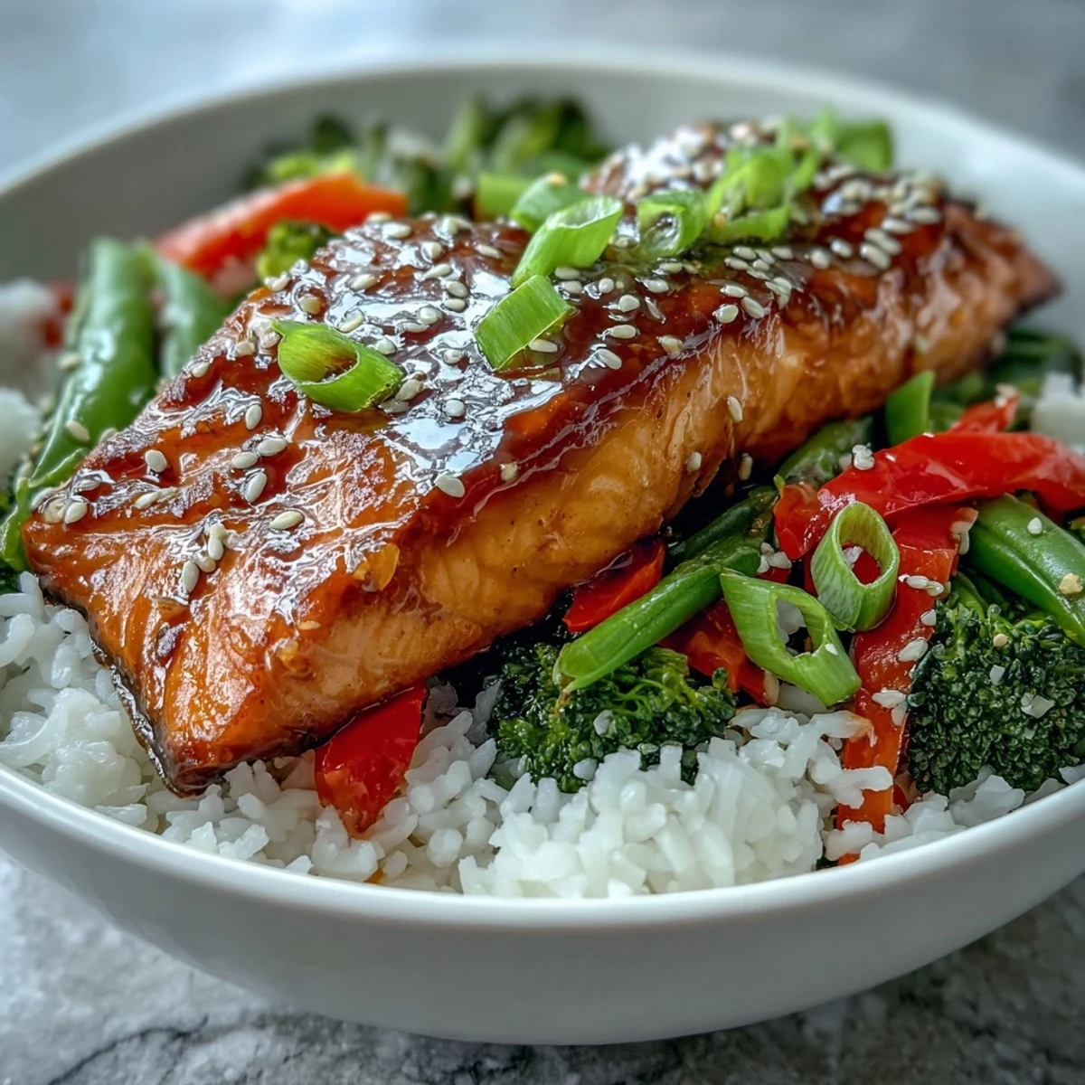 Teriyaki salmon bowl with tender fillet glistening, fluffy rice, and colorful broccoli and bell peppers ready to enjoy.