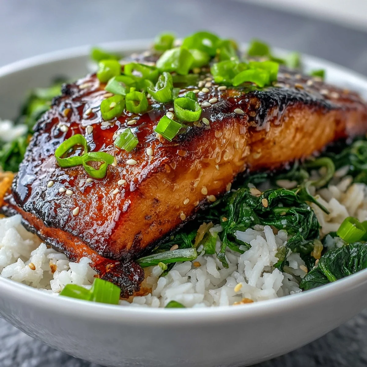 A close-up of miso glazed salmon bowl, garnished with green onions, sesame seeds, and nori strips.