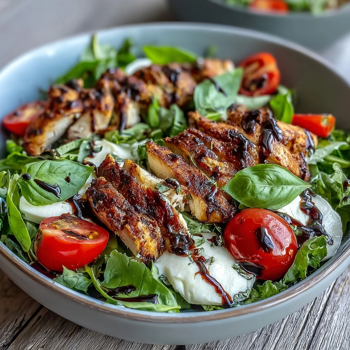 A close-up of the Caprese Chicken Bowl shows ripe tomato wedges and aromatic basil leaves drizzled with dark balsamic reduction.