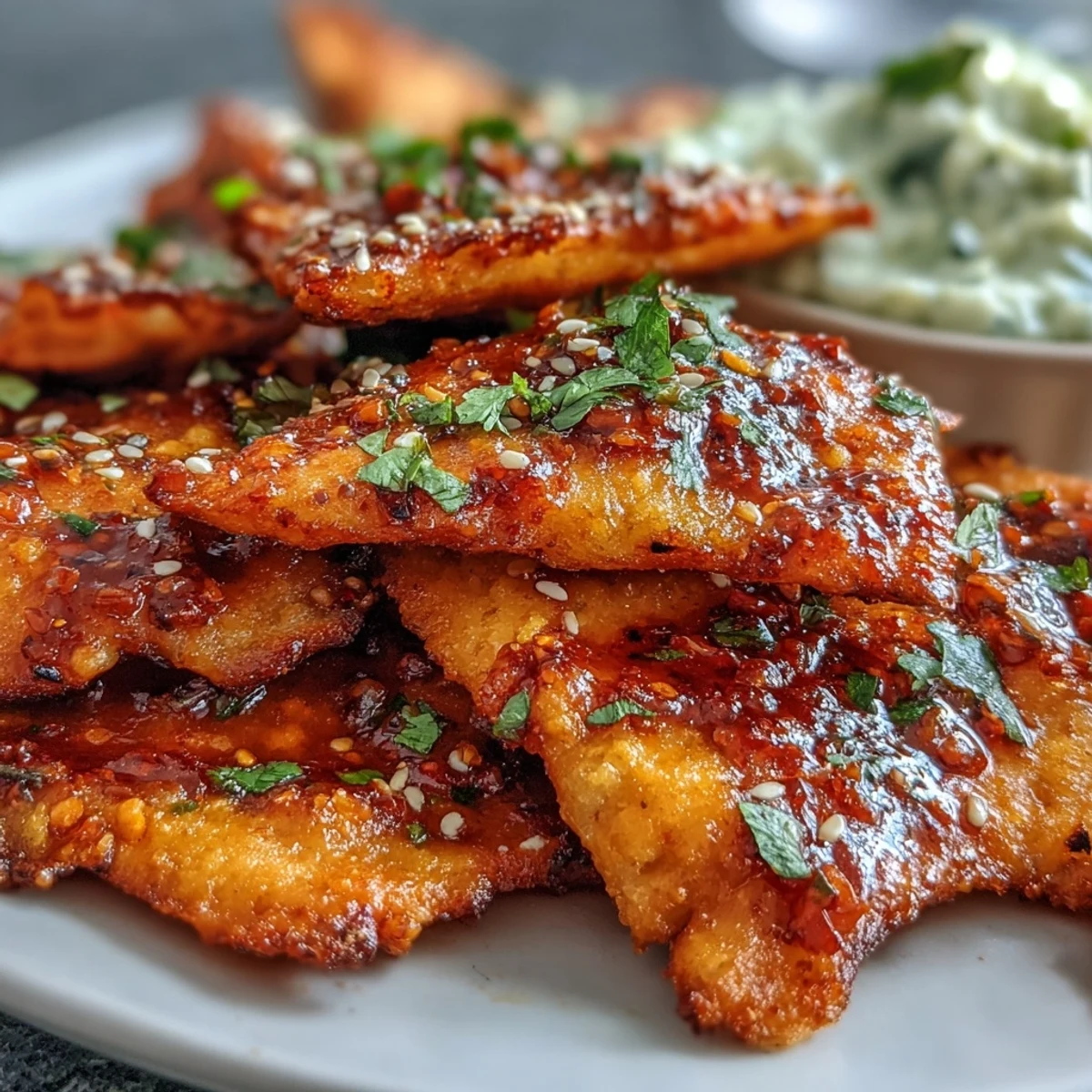 A close-up view of Spicy Chili Crisp Garlic Naan Chips showing crunchy texture and a bowl of refreshing cucumber dip.
