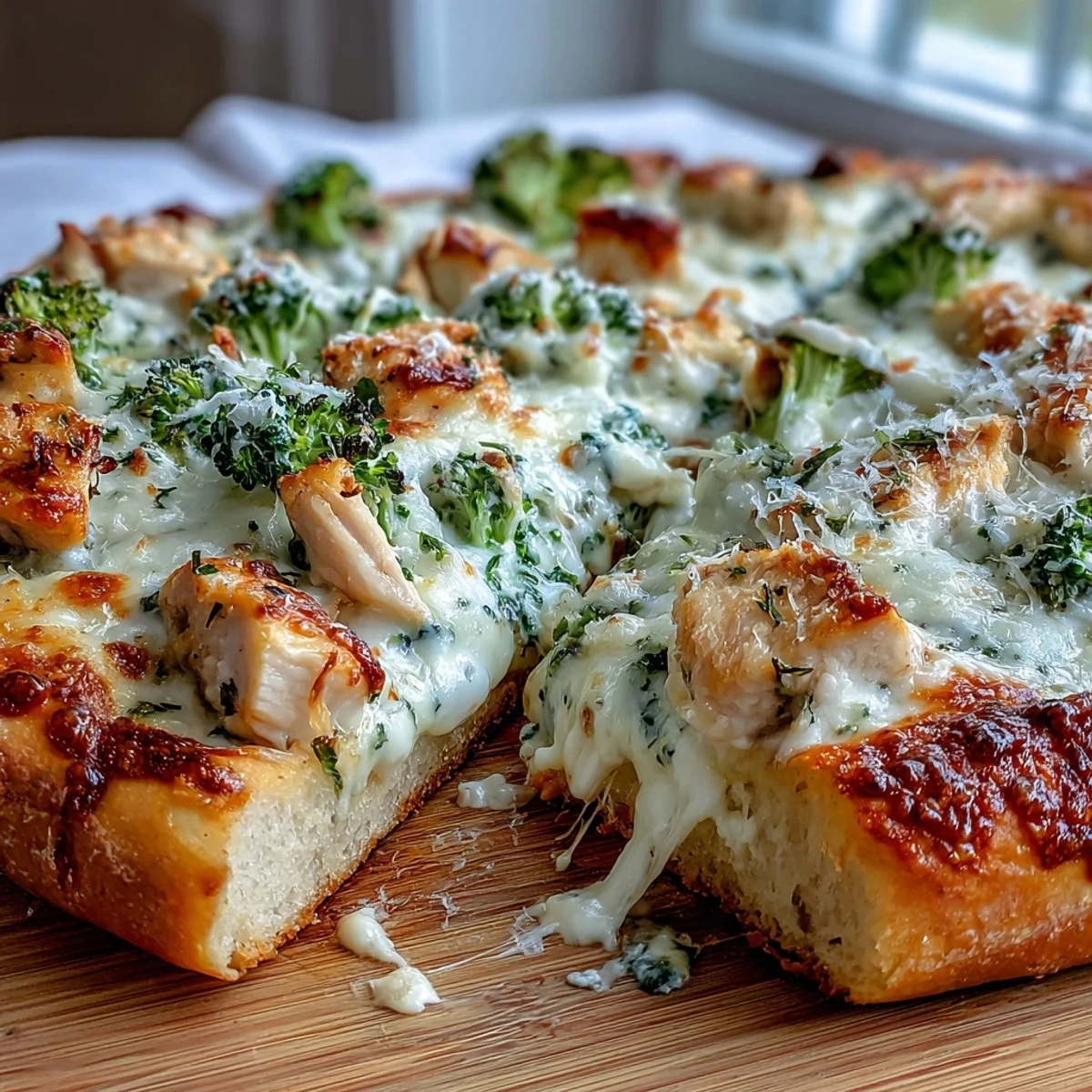 The finished Garlic Parmesan Chicken & Broccoli Pizza topped with fresh parsley on a rustic wooden board.